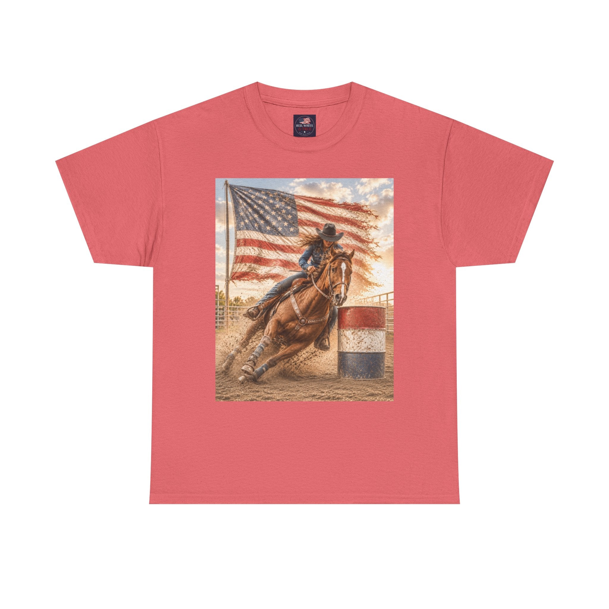 Patriotic Rodeo Barrel Racer T-Shirt — American Flag Horse Racing Tee