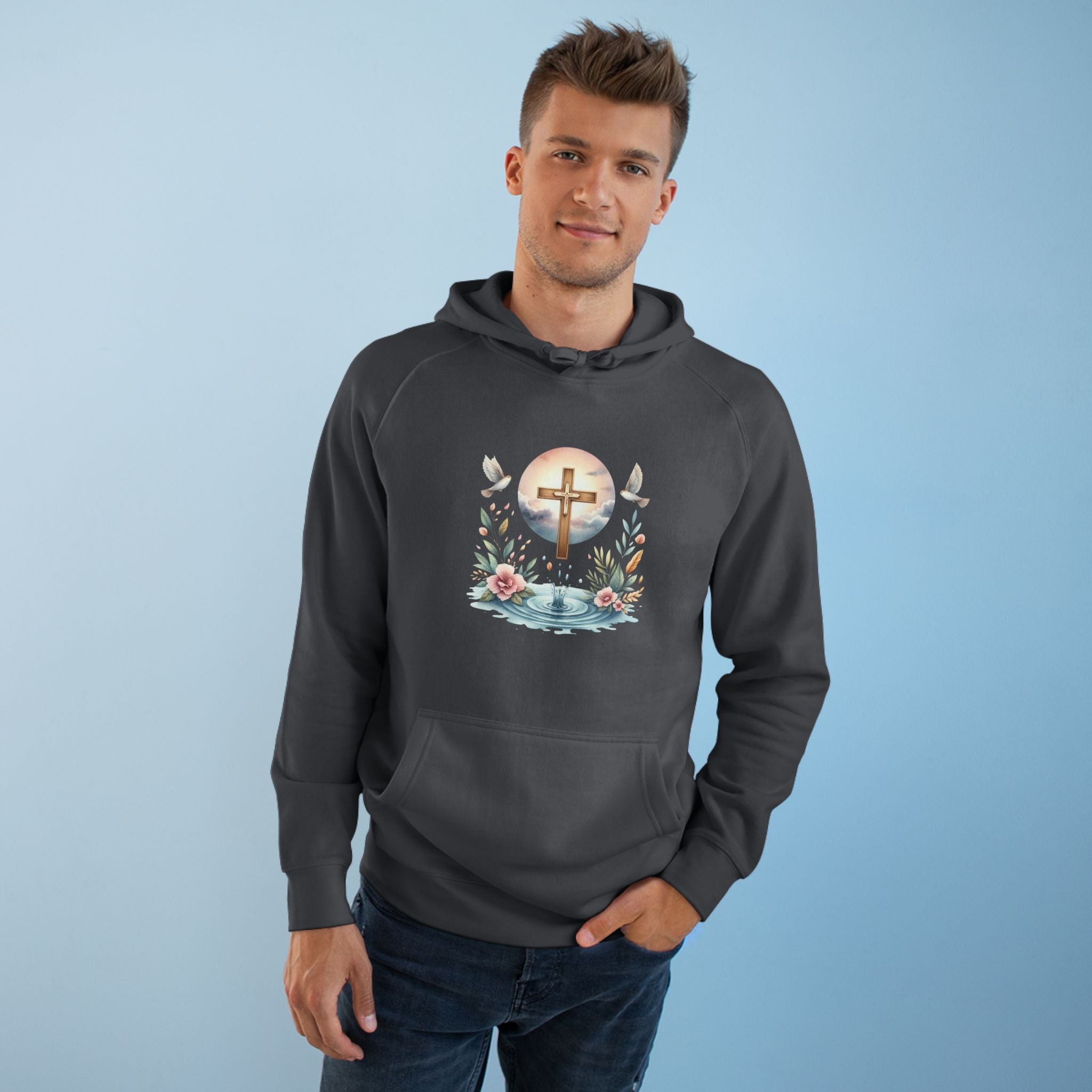 Christian Cross Floral Hoodie – Faith, Doves & Water Illustration