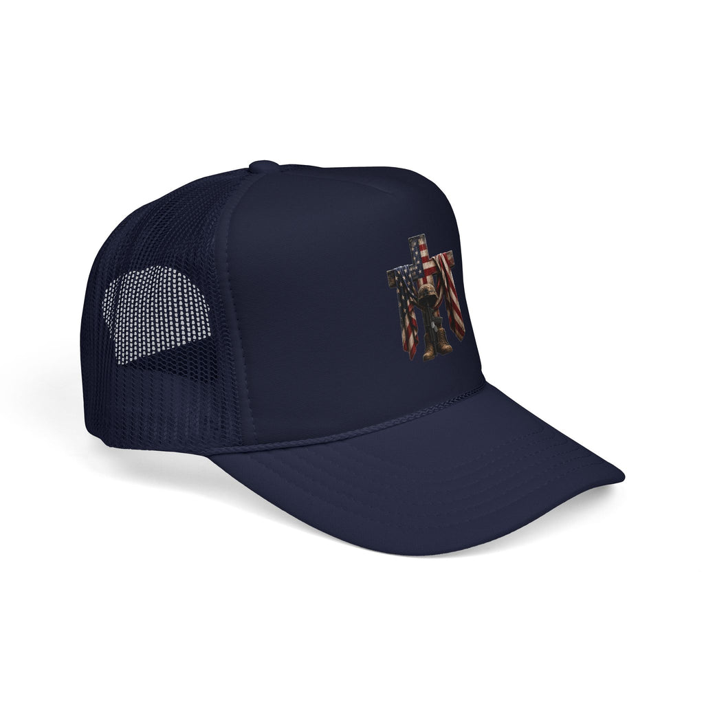 Trucker Hat — American Flag Cross with Soldier Memorial Design