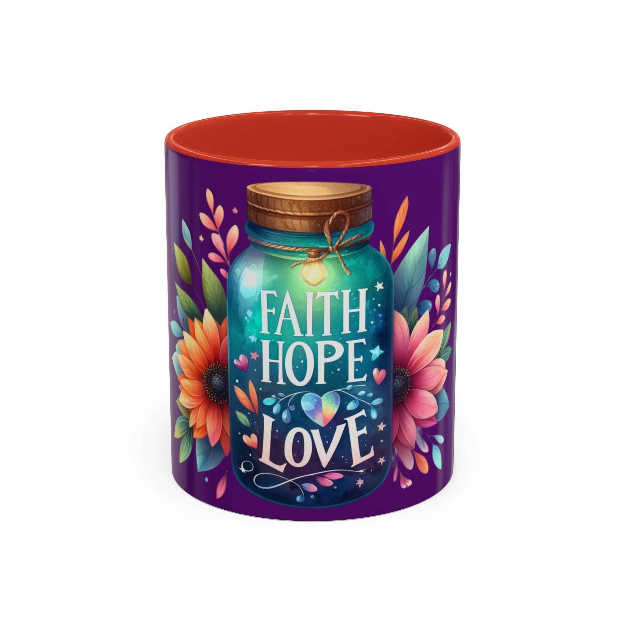 Faith Hope Love Accent Coffee Mug — Floral Jar Design (11/15 oz)