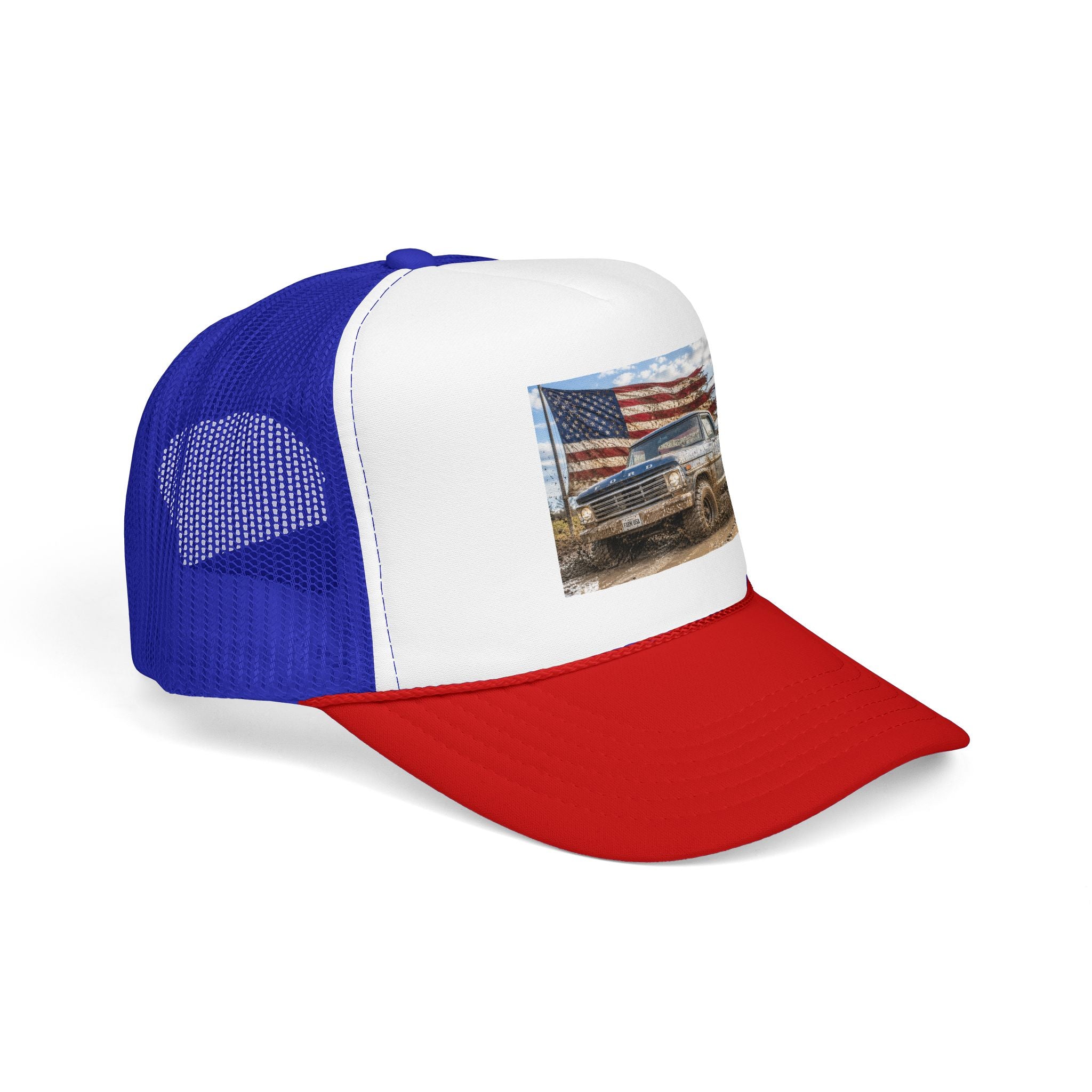 Patriotic Mud Truck Trucker Hat — American Flag Off-Road Foam Cap