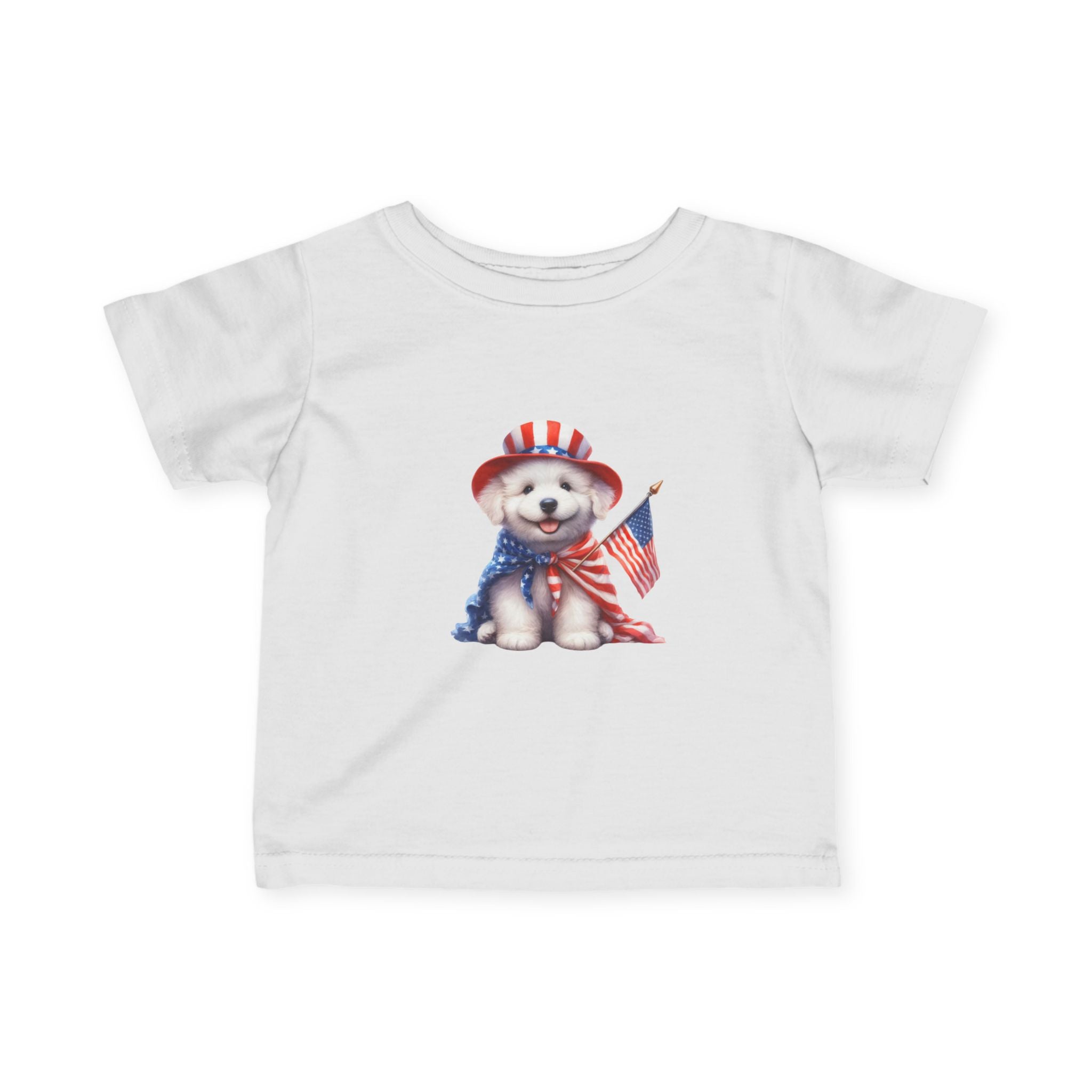 Infant Tee – Patriotic Puppy with American Flag (4th of July Baby Shirt)