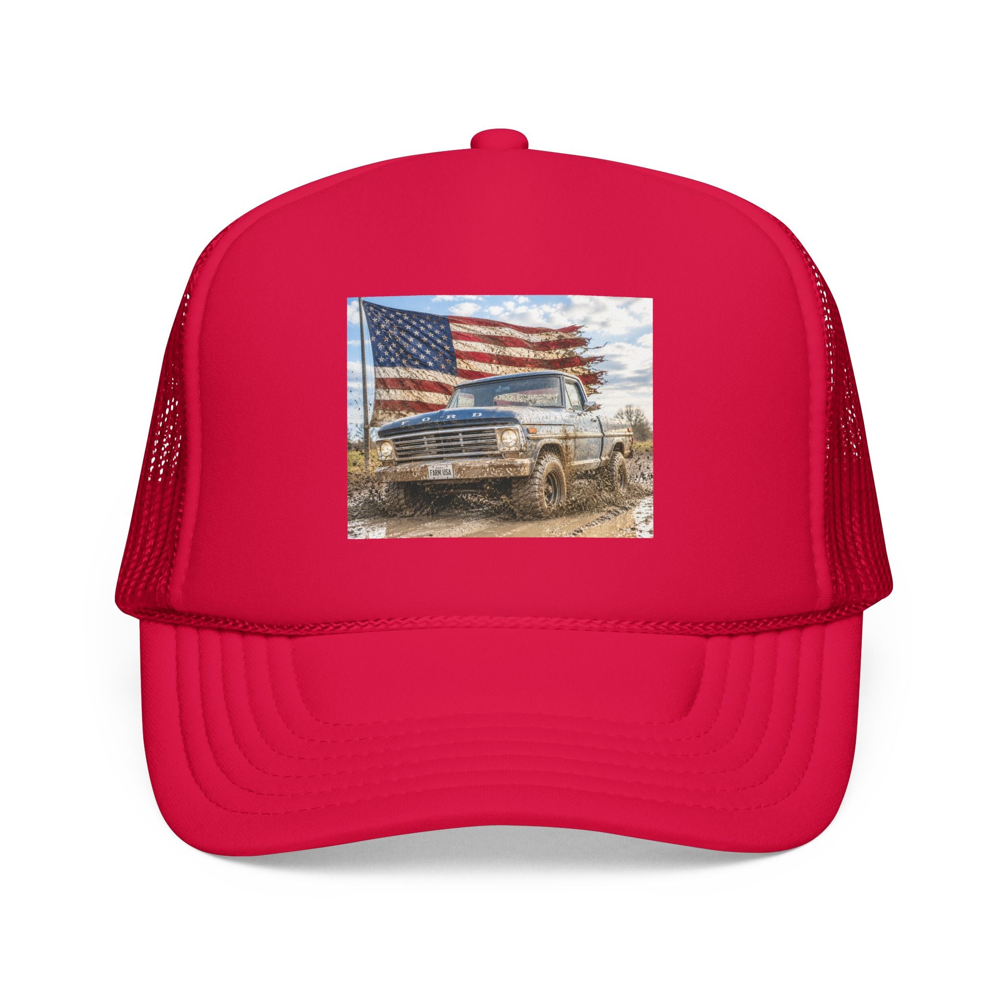Patriotic Mud Truck Trucker Hat — American Flag Off-Road Foam Cap