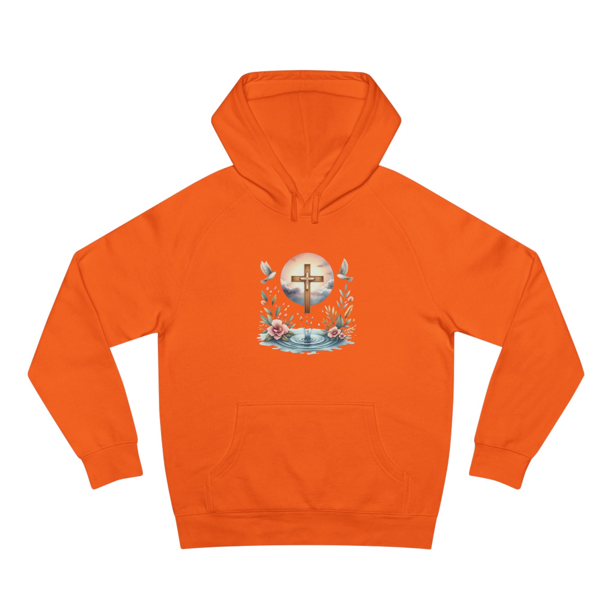 Christian Cross Floral Hoodie – Faith, Doves & Water Illustration