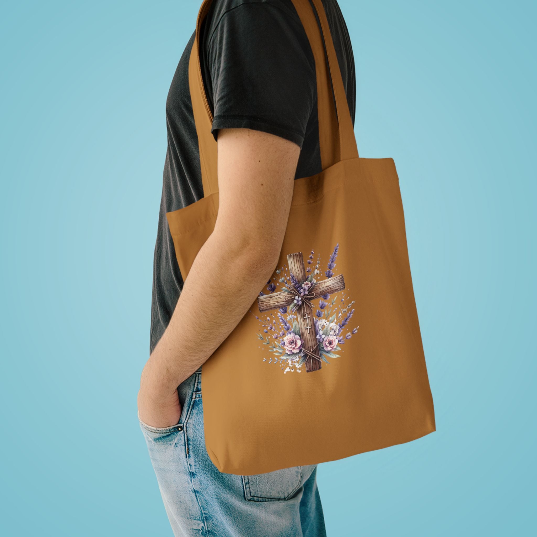 Floral Cross Cotton Tote Bag - Christian Easter Floral Grocery Tote