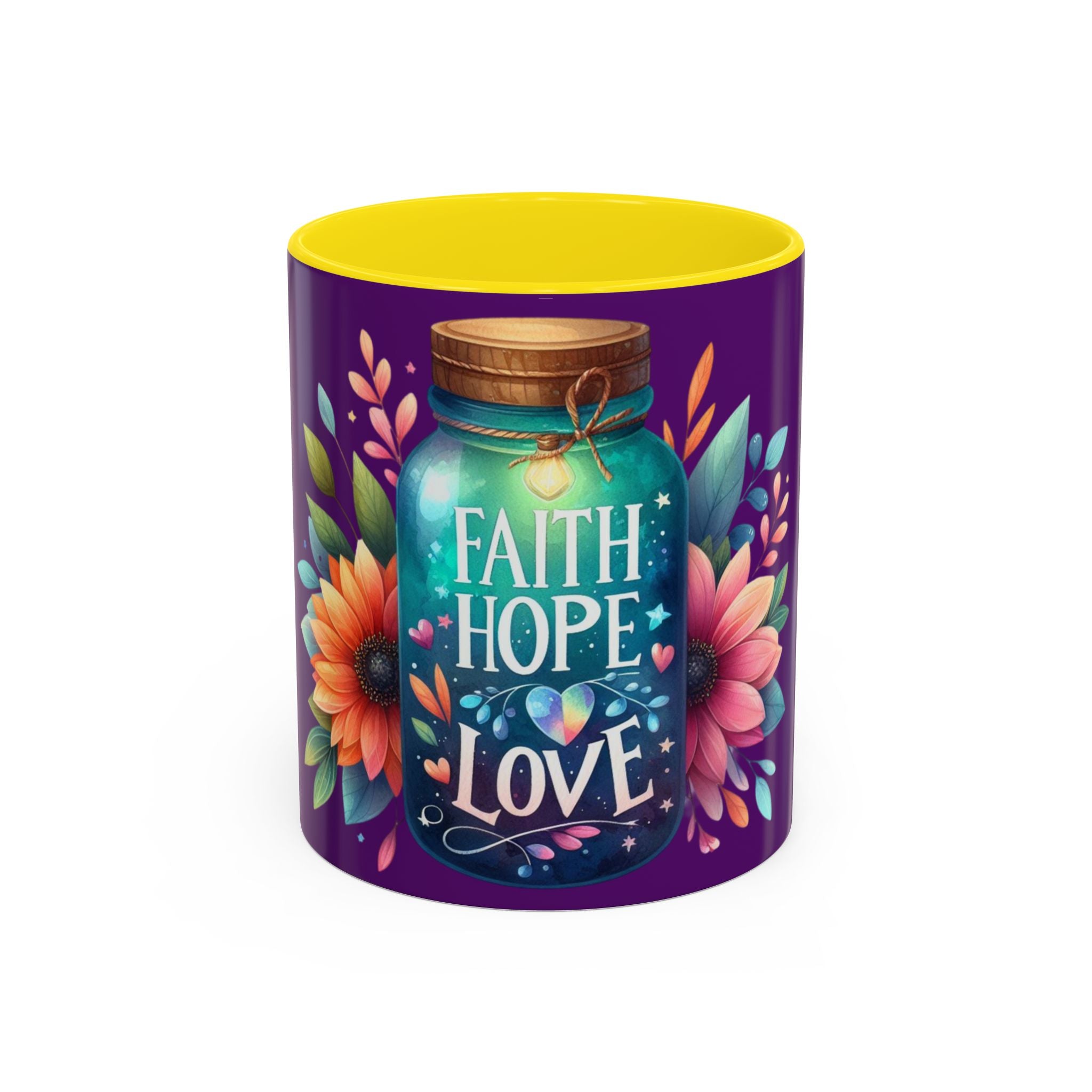 Faith Hope Love Accent Coffee Mug — Floral Jar Design (11/15 oz)