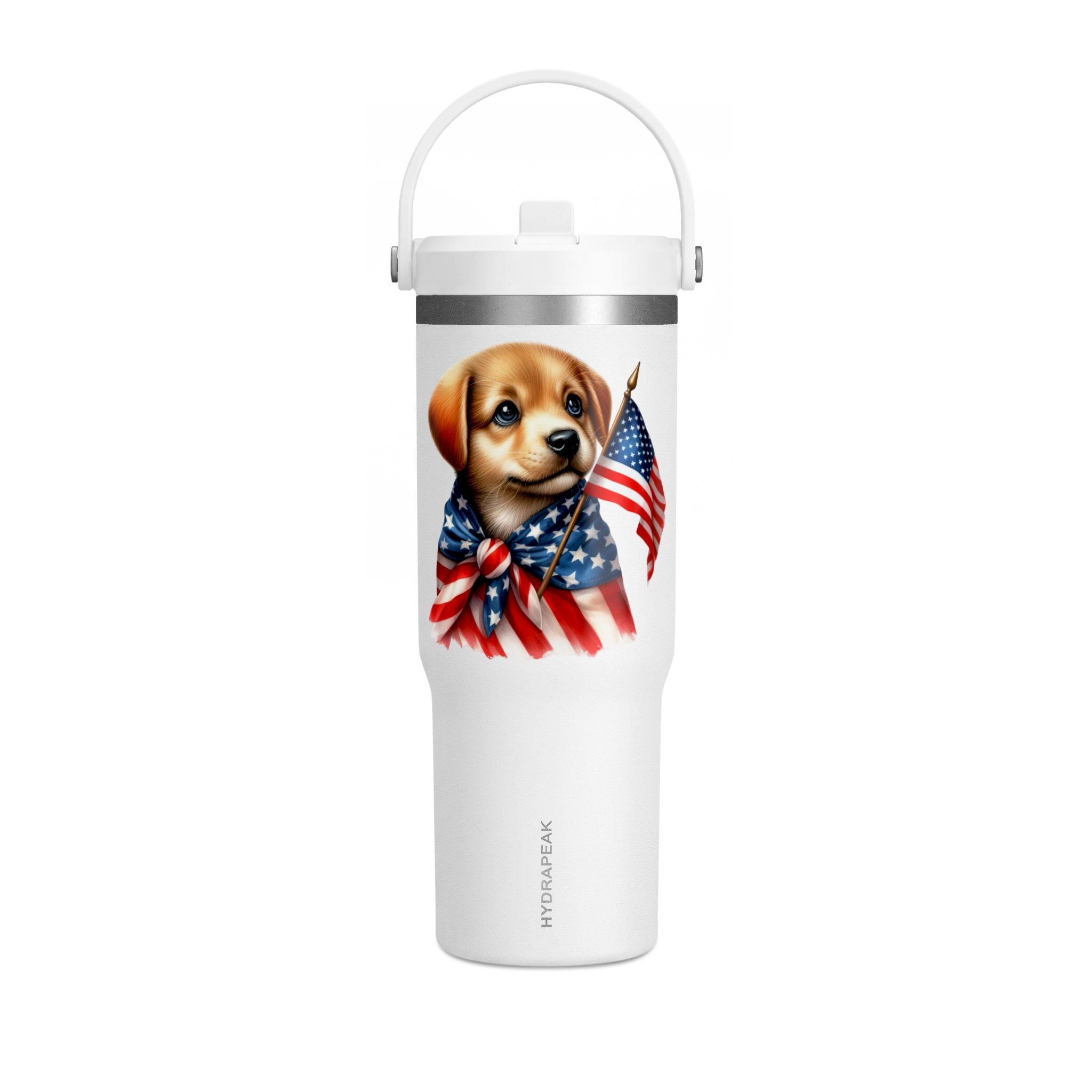 Patriotic Puppy 32oz Tumbler — American Flag Dog Travel Mug