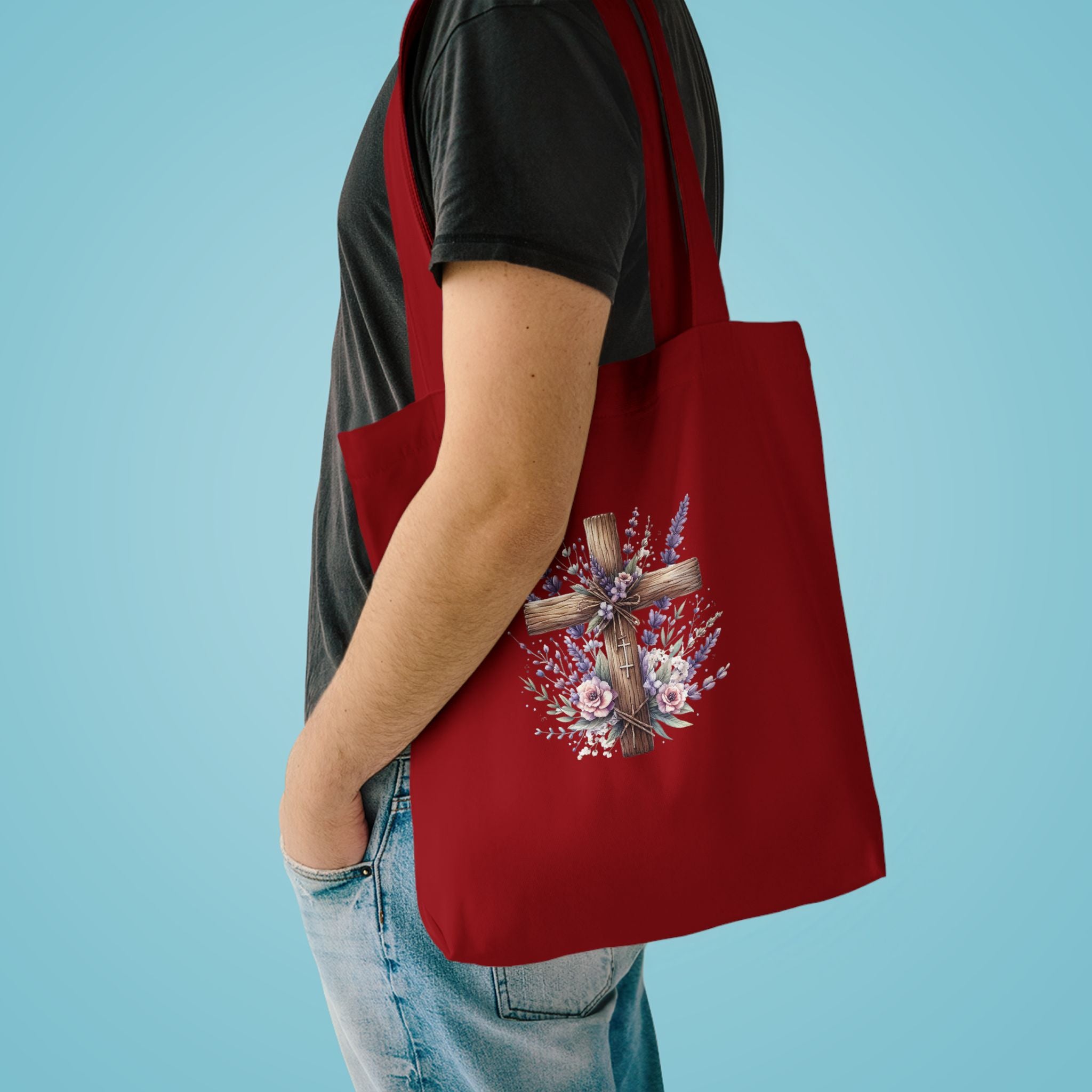 Floral Cross Cotton Tote Bag - Christian Easter Floral Grocery Tote