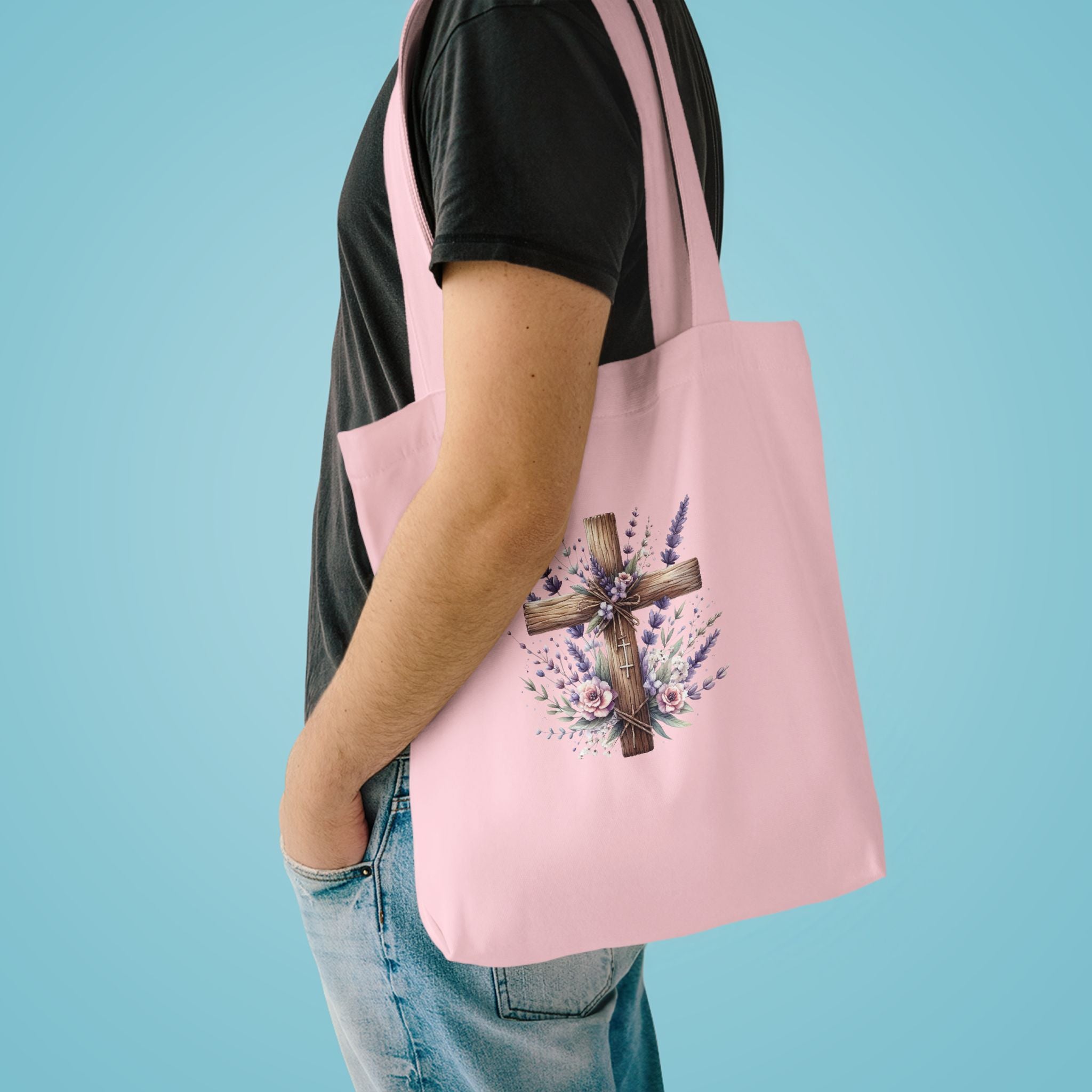 Floral Cross Cotton Tote Bag - Christian Easter Floral Grocery Tote