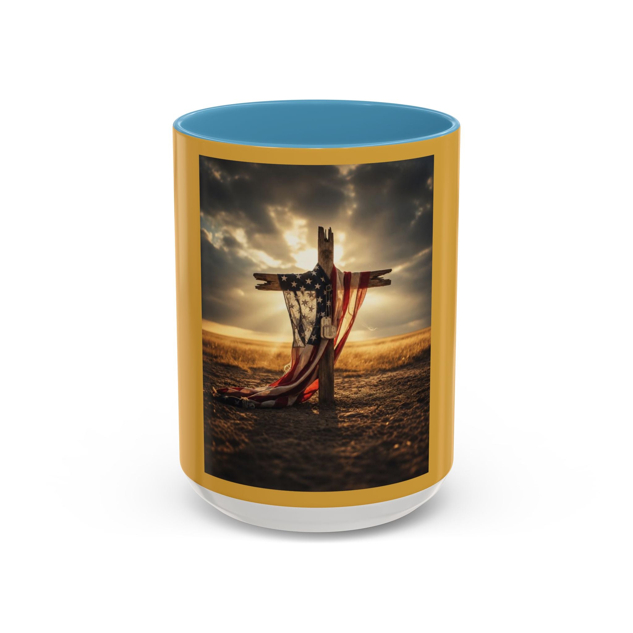 Patriotic Cross Coffee Mug — American Flag Sunrise Accent Mug (11/15oz)