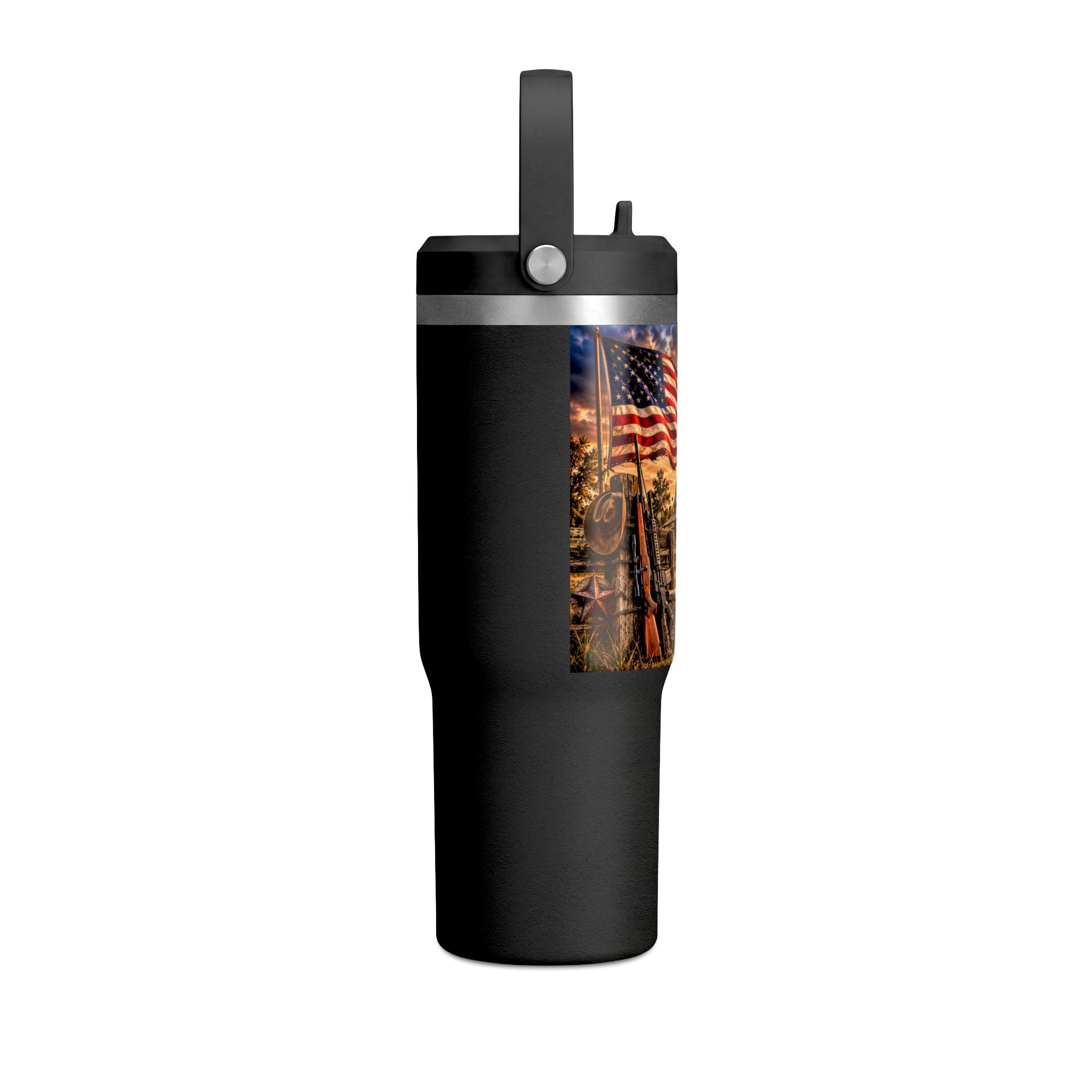 32oz Nomad Tumbler — Patriotic American Flag & Rustic Farm Scene Insulated Travel Mug
