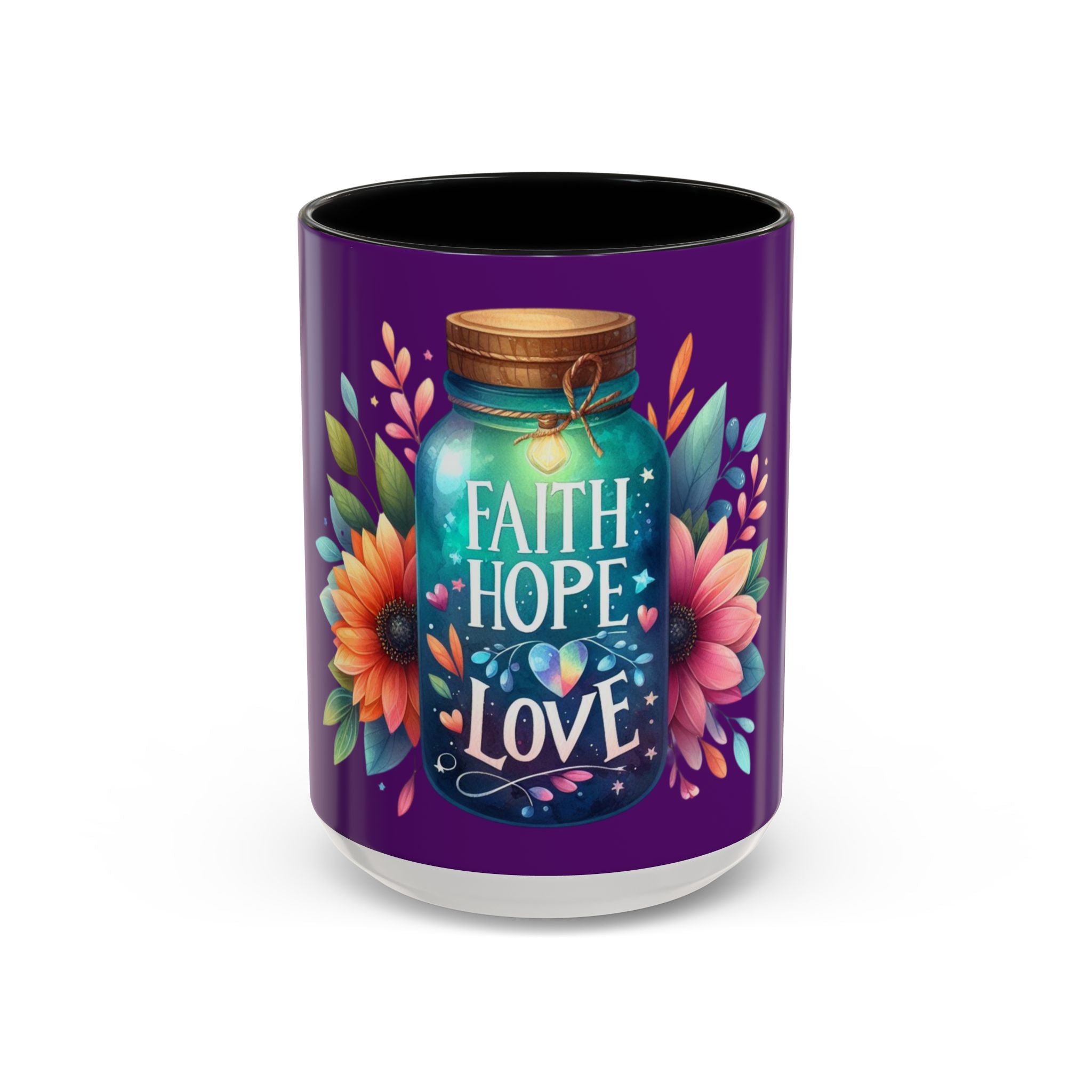 Faith Hope Love Accent Coffee Mug — Floral Jar Design (11/15 oz)