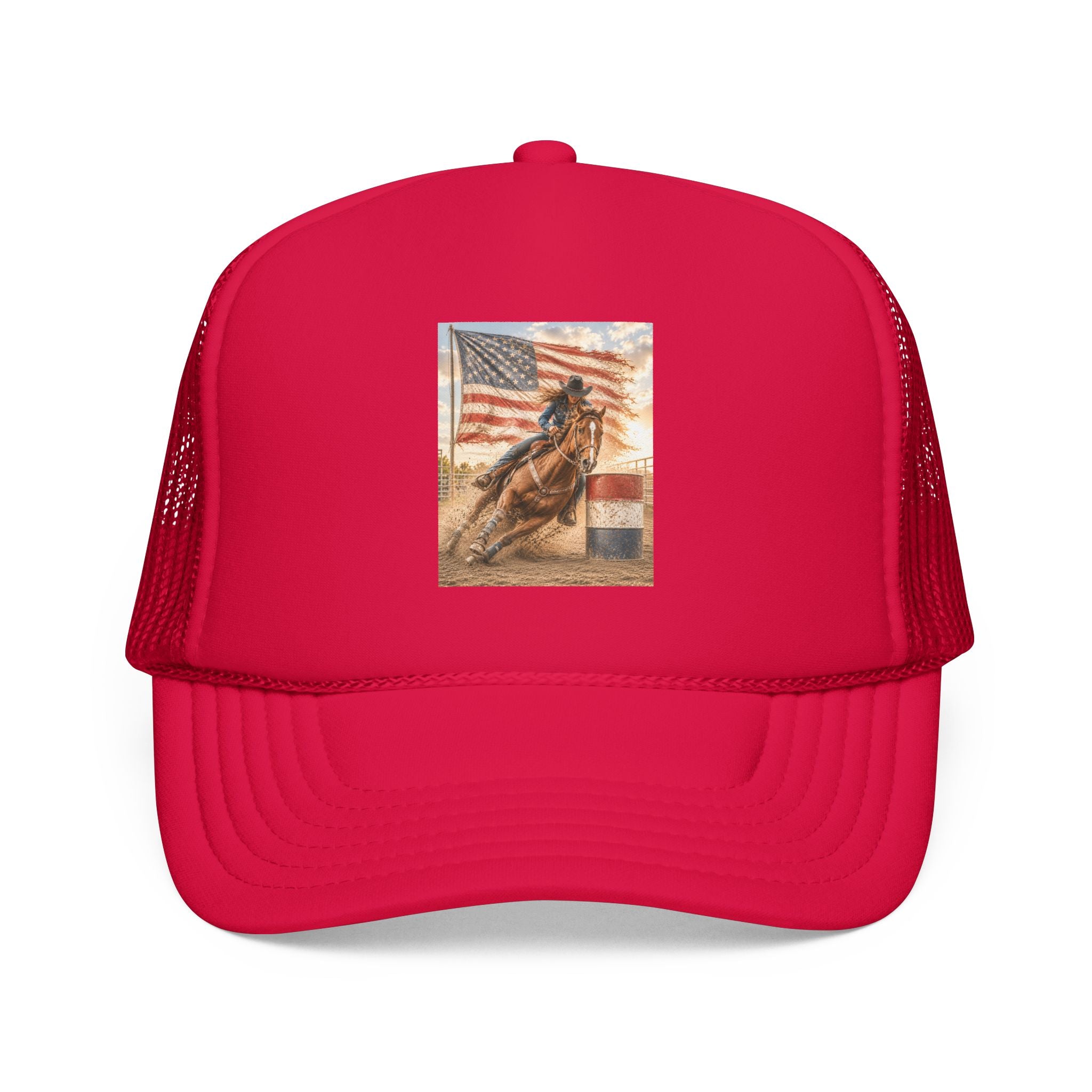 Western Rodeo Trucker Hat — Barrel Racing Horse with American Flag