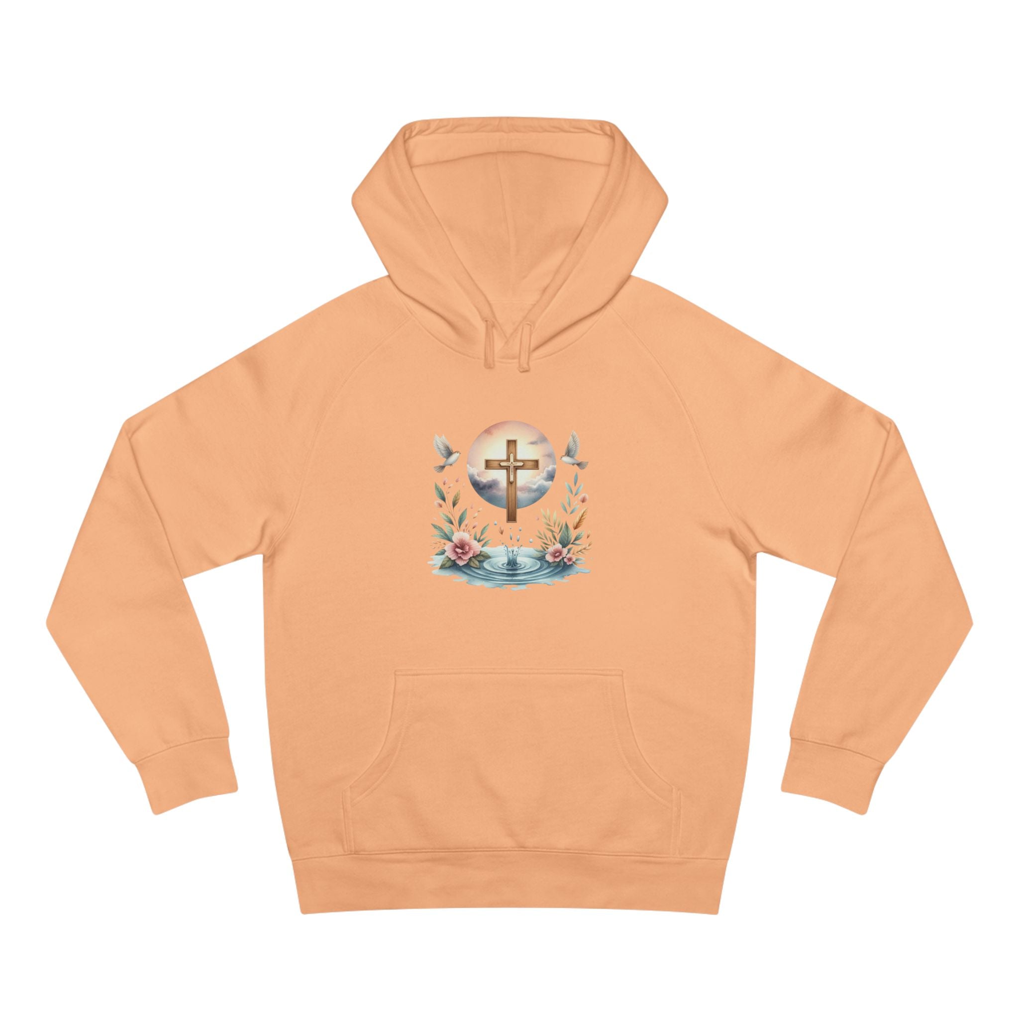 Christian Cross Floral Hoodie – Faith, Doves & Water Illustration