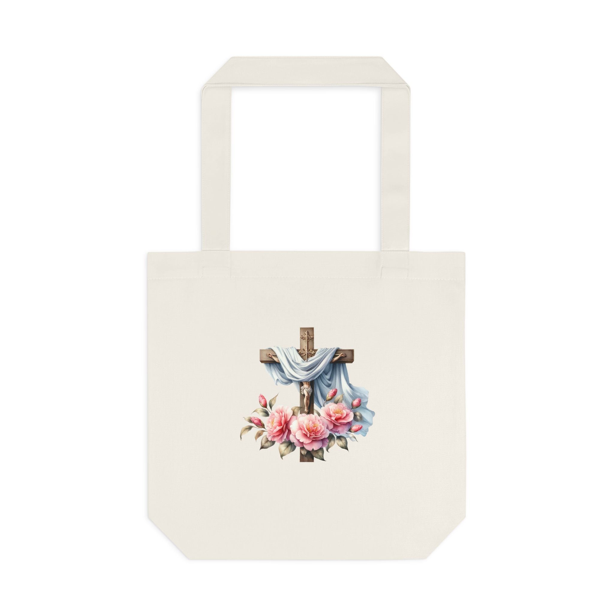 Religious Cross & Roses Cotton Tote Bag — Faith Floral Market Bag