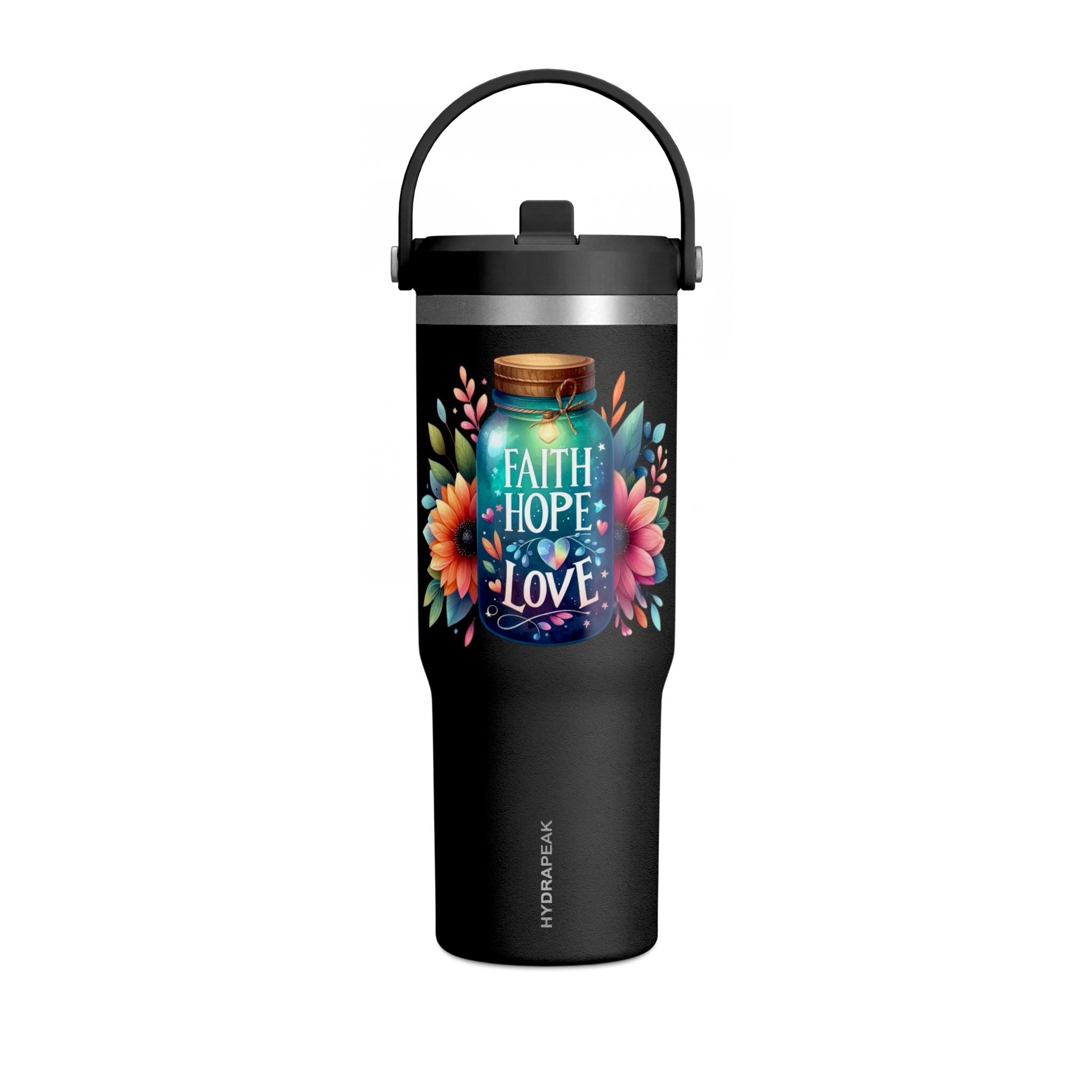 Faith Hope Love Tumbler — 32oz Insulated Travel Tumbler with Floral Jar Design