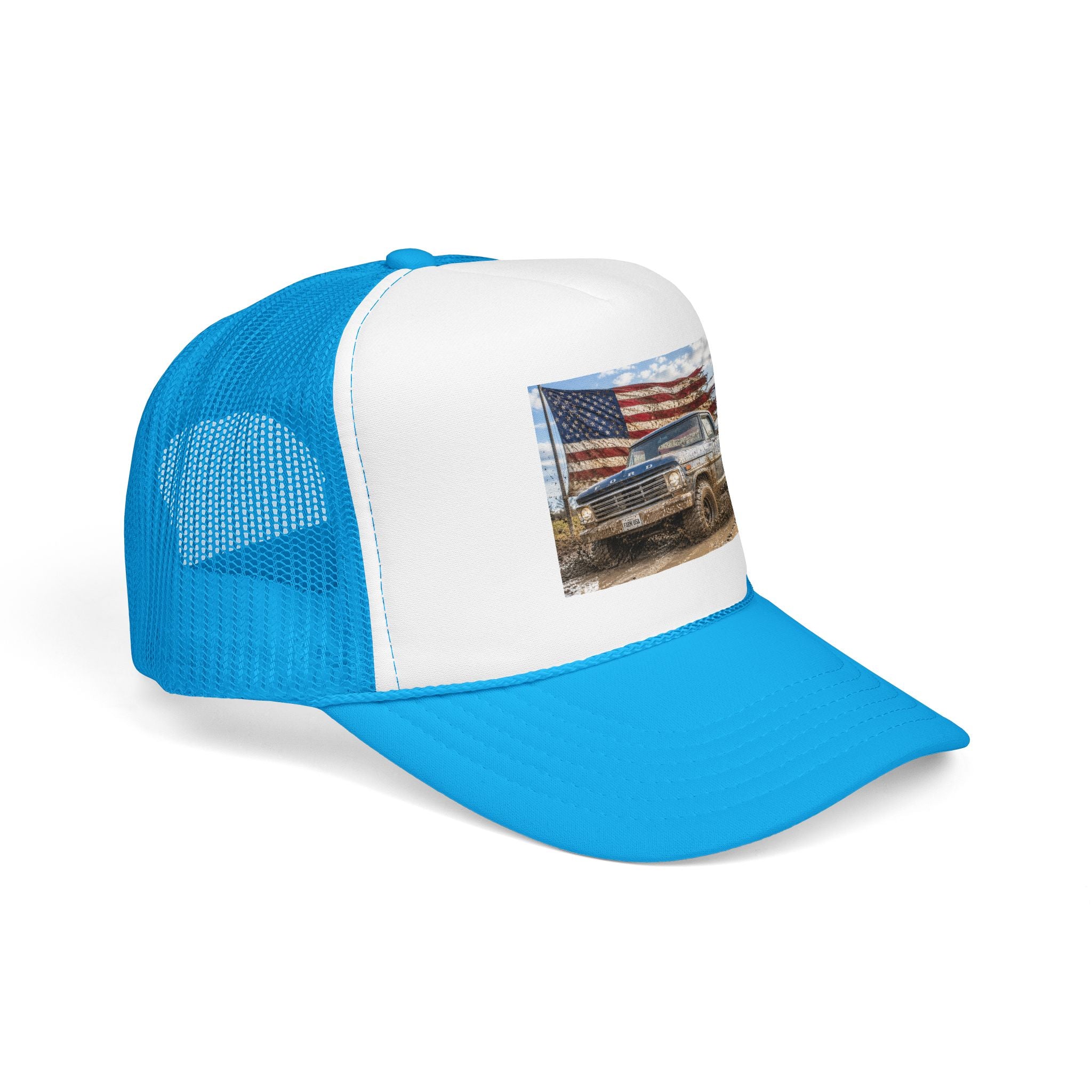 Patriotic Mud Truck Trucker Hat — American Flag Off-Road Foam Cap