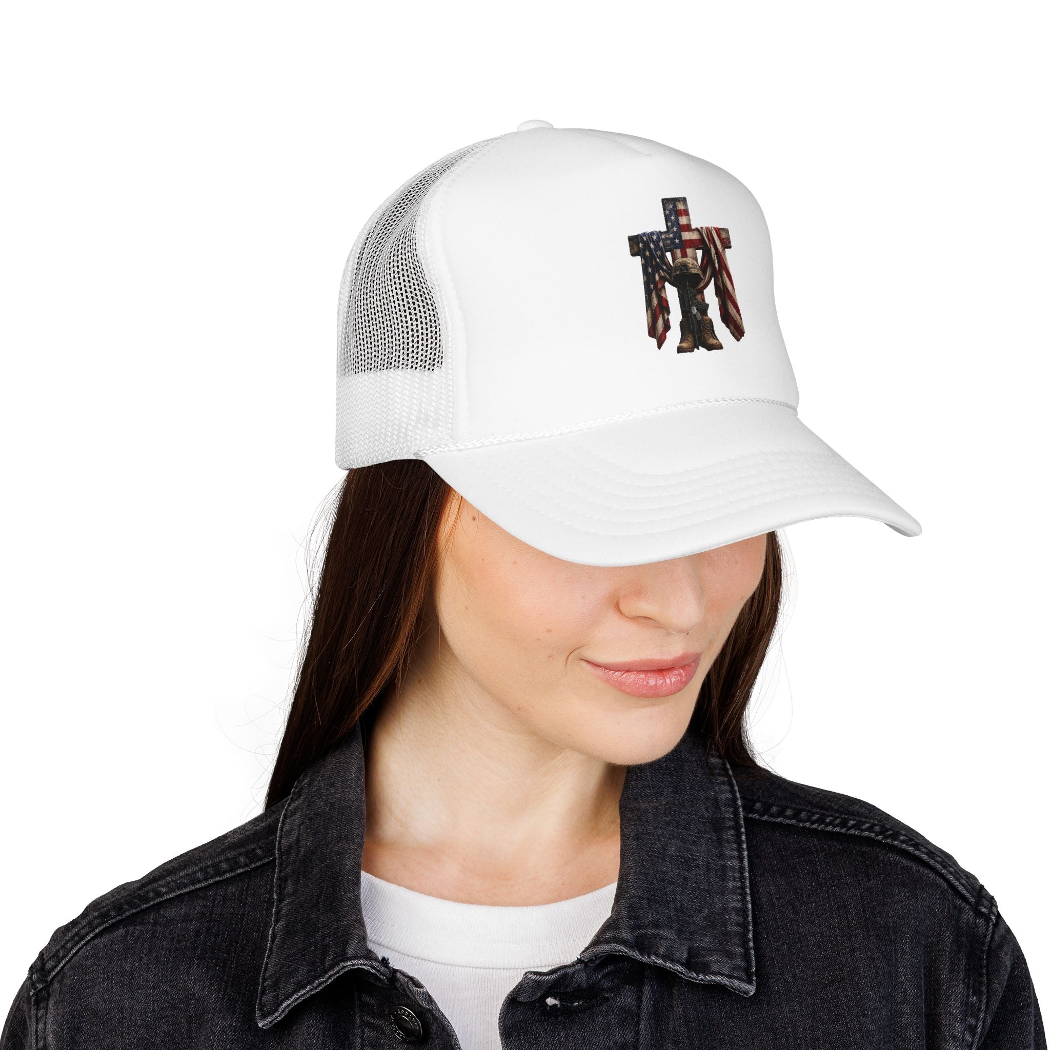 Trucker Hat — American Flag Cross with Soldier Memorial Design