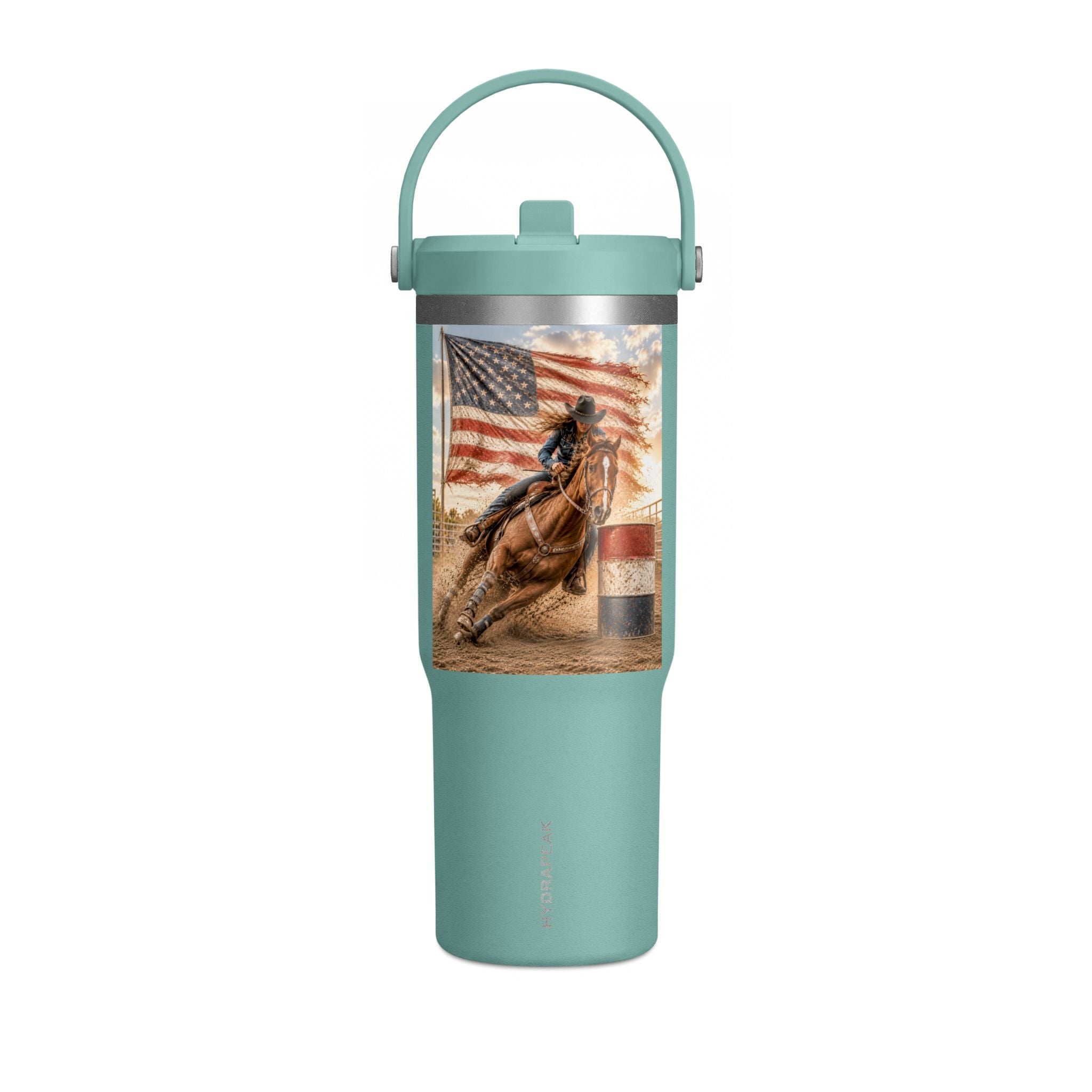 American Rodeo 32oz Tumbler – Horse Barrel Racing with Flag Design