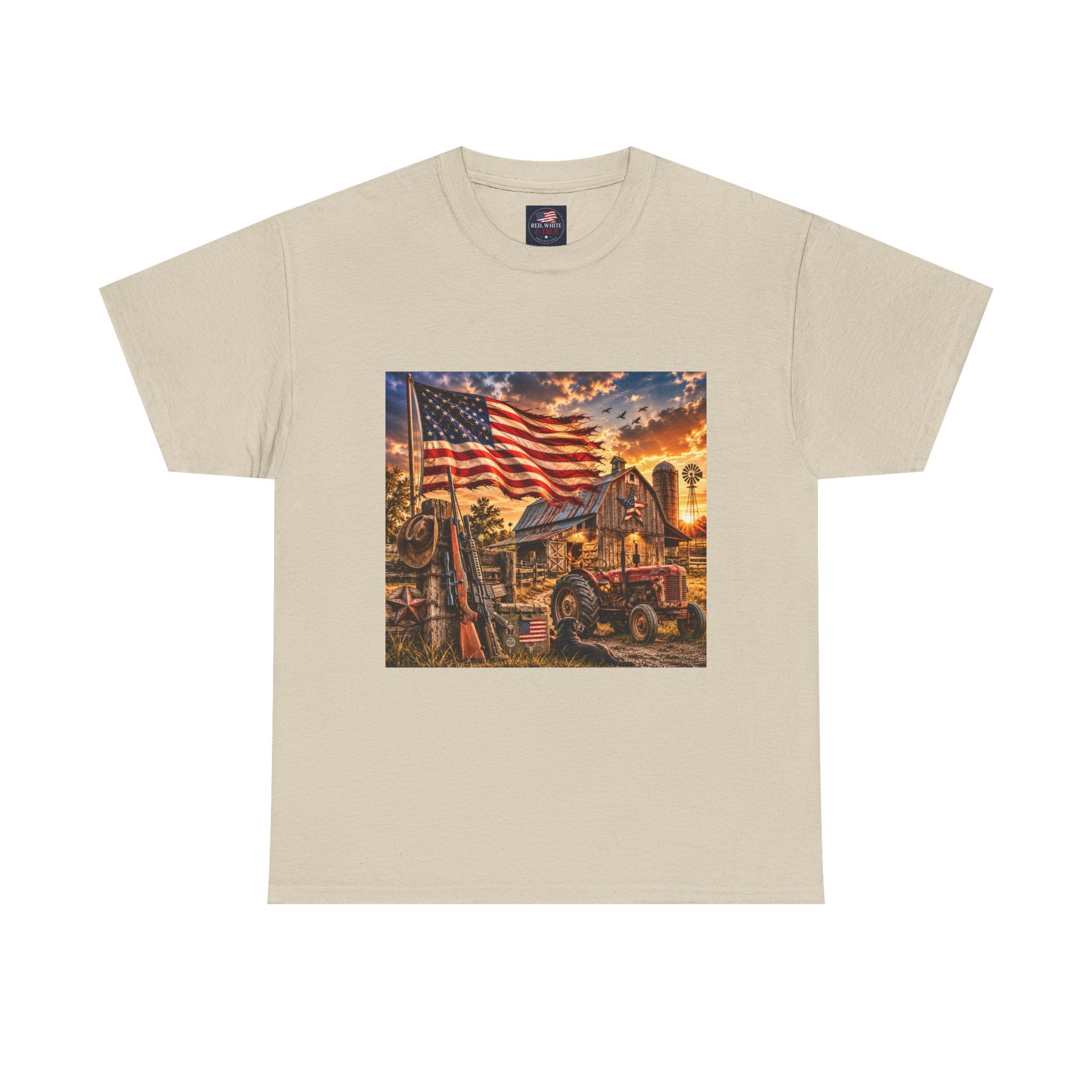 American Farm Sunset T-Shirt – Vintage Truck & Flag Rustic Patriotic Tee