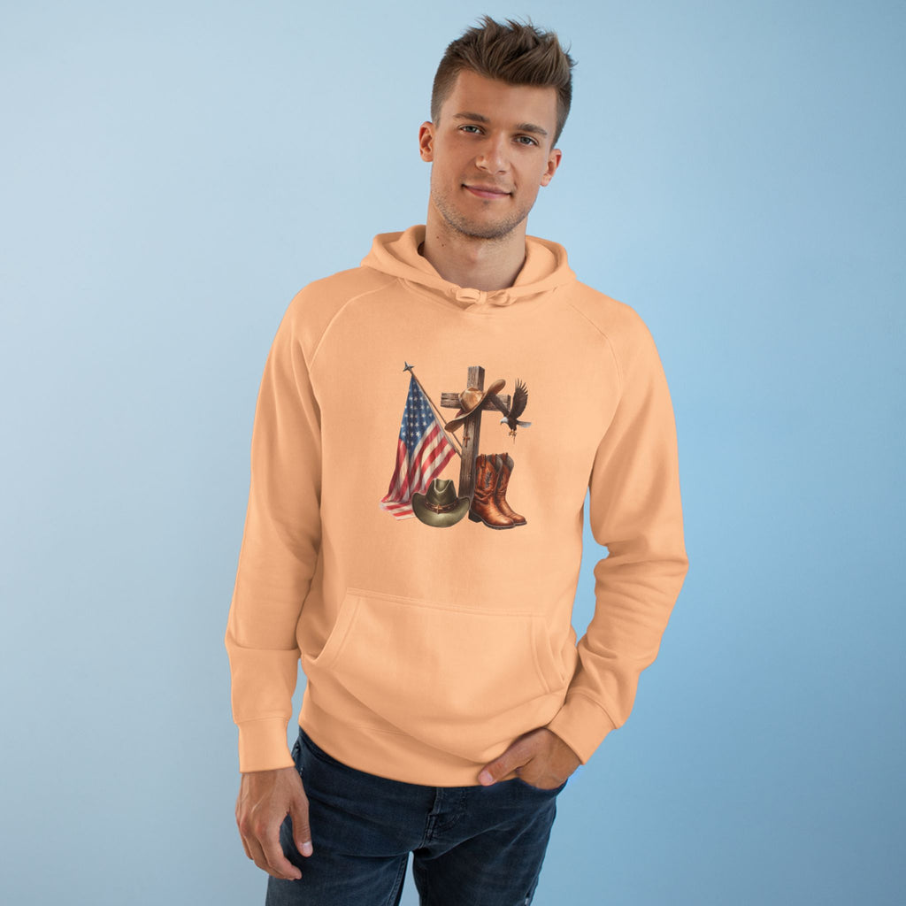Patriotic Western Hoodie – American Flag, Cowboy Boots & Cross Graphic