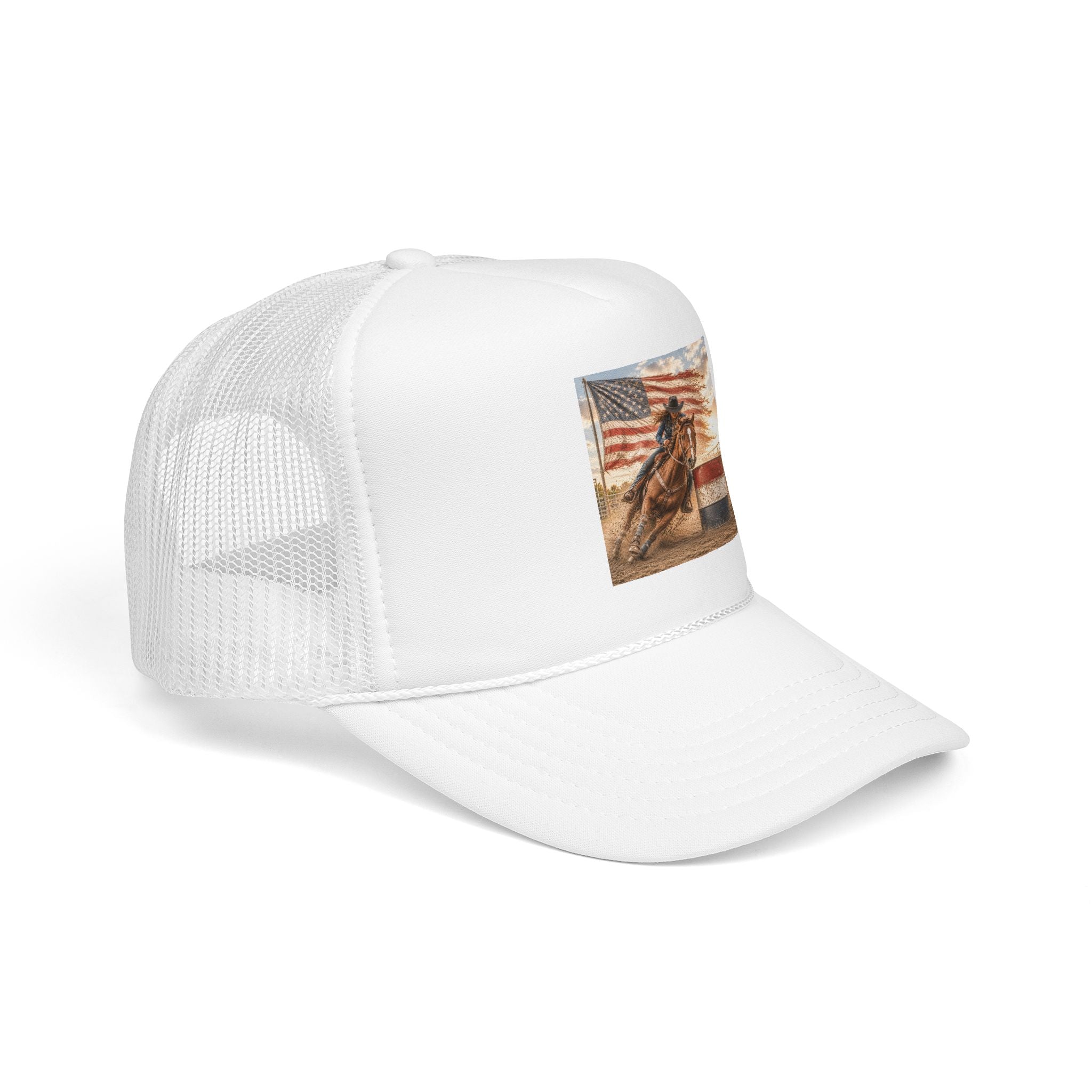 Western Rodeo Trucker Hat — Barrel Racing Horse with American Flag