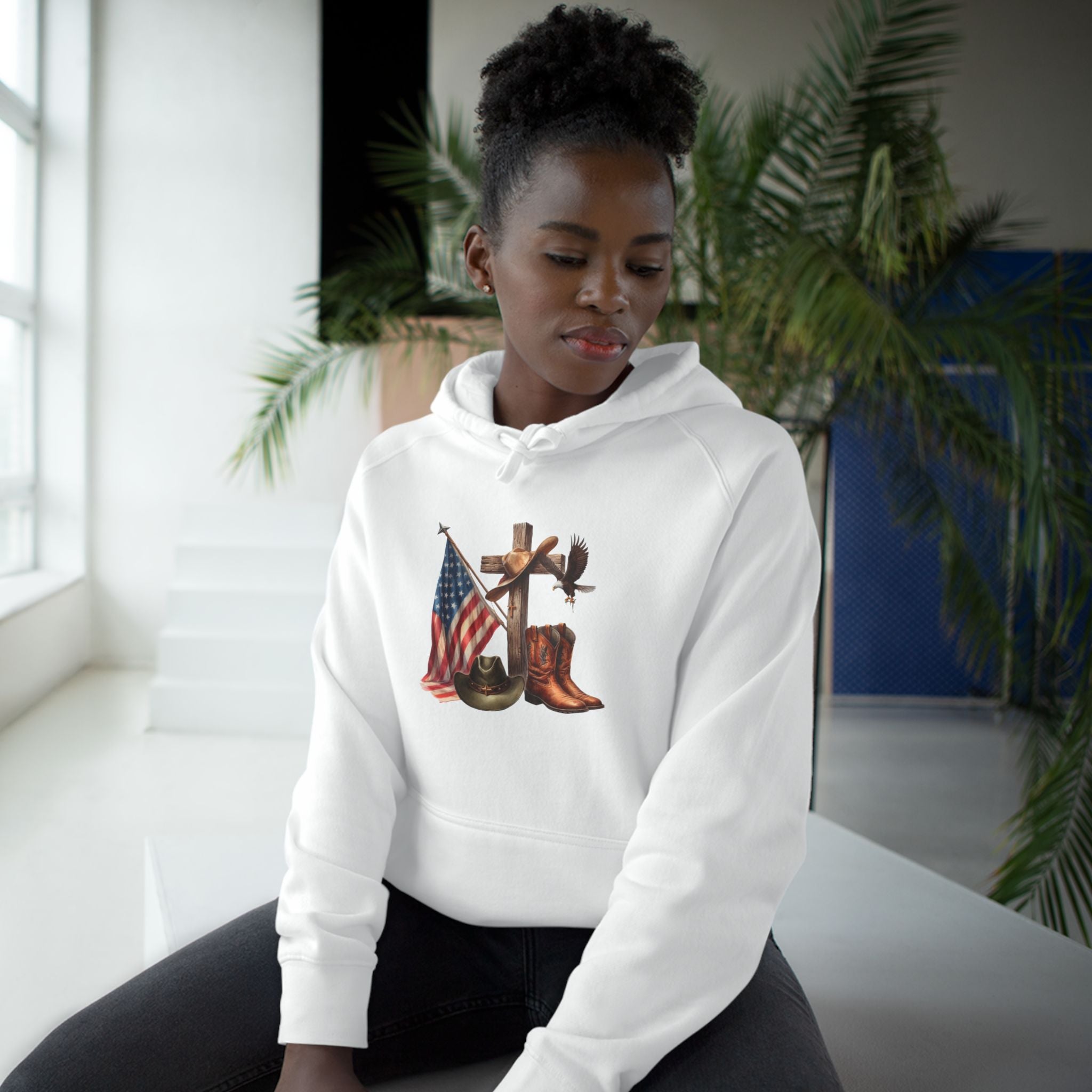 Patriotic Western Hoodie – American Flag, Cowboy Boots & Cross Graphic