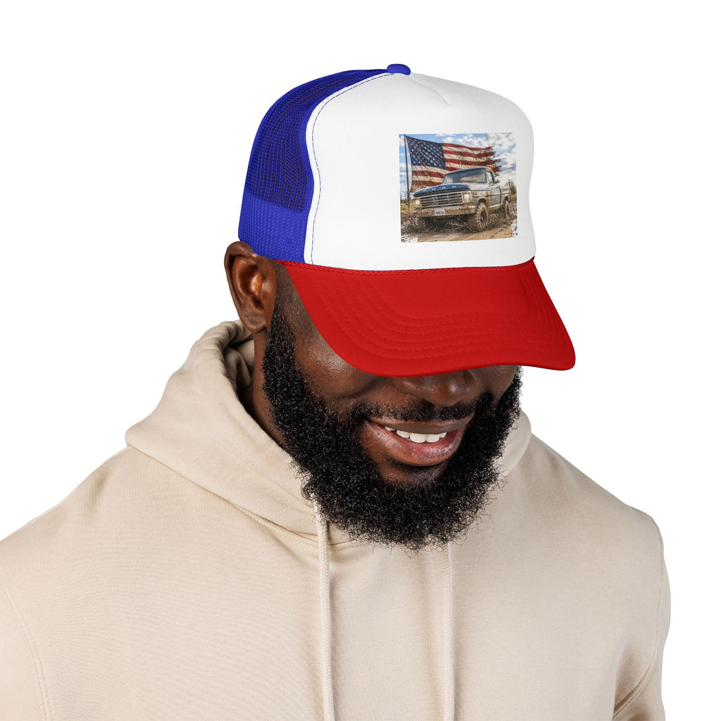 Patriotic Mud Truck Trucker Hat — American Flag Off-Road Foam Cap