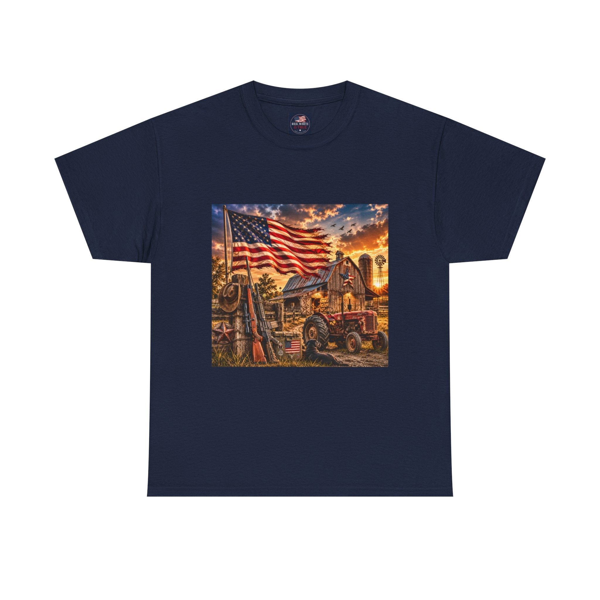 American Farm Sunset T-Shirt – Vintage Truck & Flag Rustic Patriotic Tee