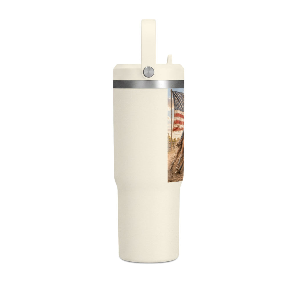 American Rodeo 32oz Tumbler – Horse Barrel Racing with Flag Design