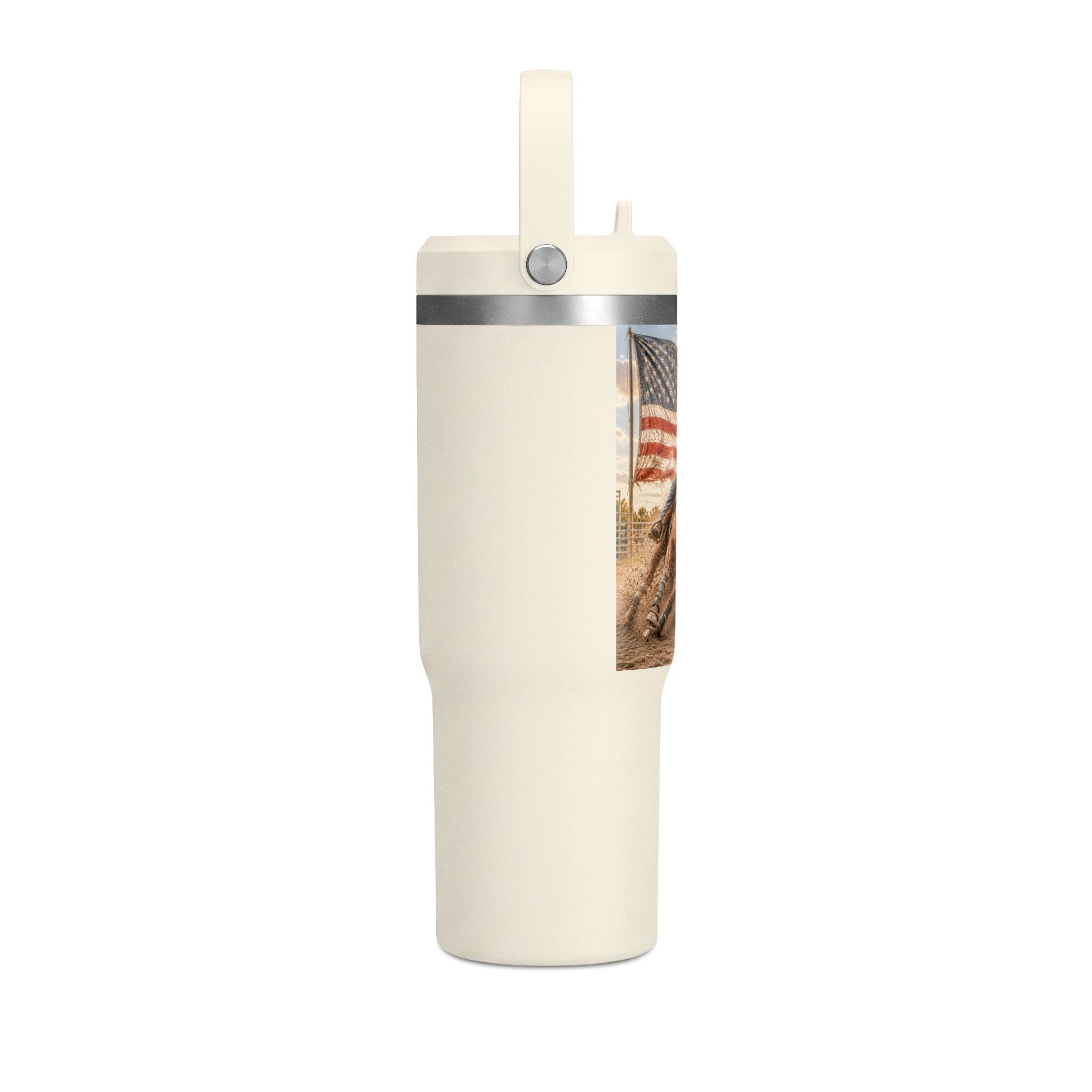 American Rodeo 32oz Tumbler – Horse Barrel Racing with Flag Design