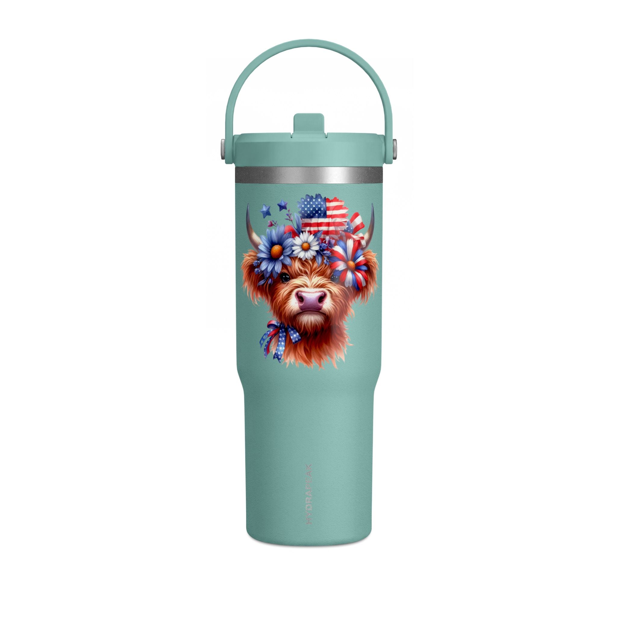 Patriotic Highland Cow 32oz Tumbler – Insulated Travel Mug with American Flag Floral Design