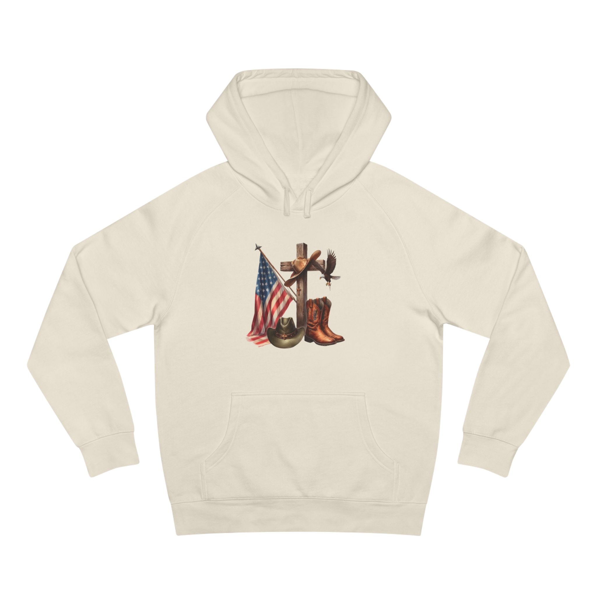 Patriotic Western Hoodie – American Flag, Cowboy Boots & Cross Graphic