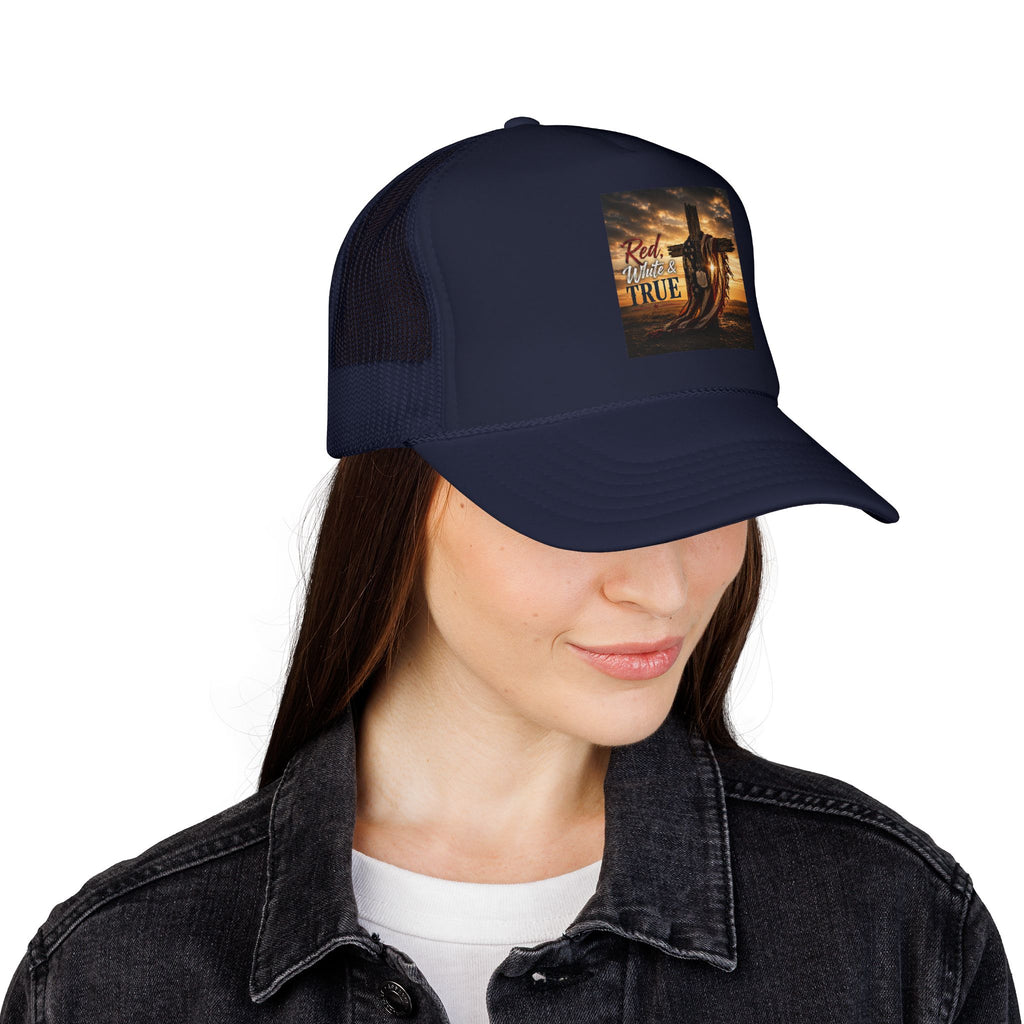 Trucker Hat — "God Made A Farmer" Cross Sunset Foam Trucker Hat