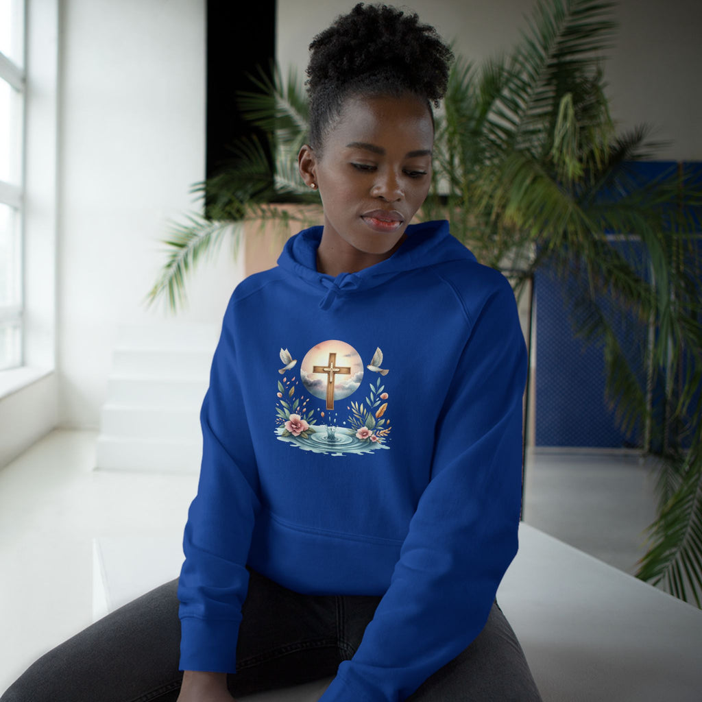 Christian Cross Floral Hoodie – Faith, Doves & Water Illustration