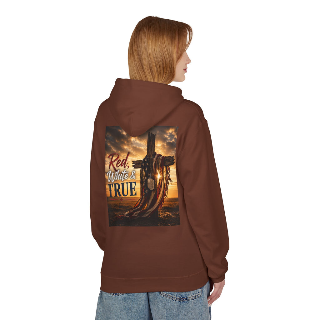 Red White & True Hoodie — Patriotic Cross Sunset Pullover