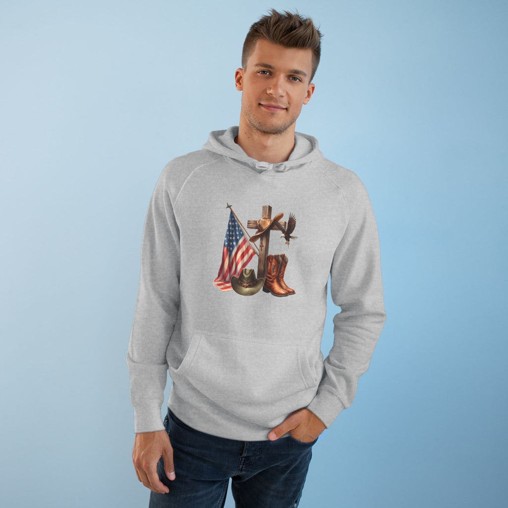 Patriotic Western Hoodie – American Flag, Cowboy Boots & Cross Graphic