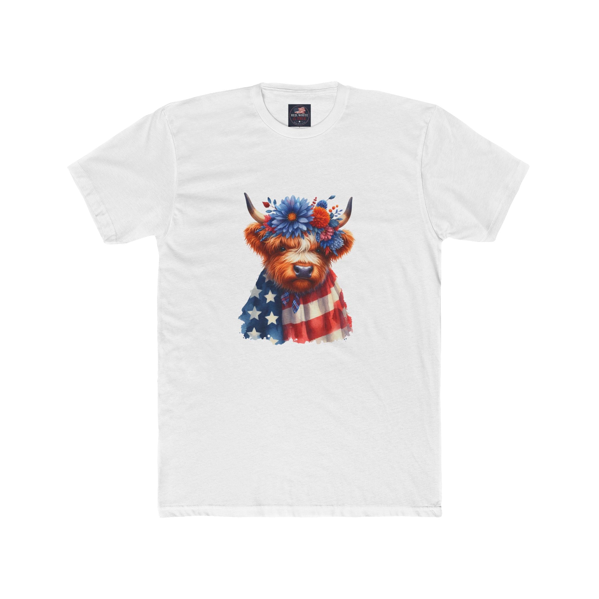 Patriotic Highland Cow T‑Shirt – American Flag & Floral Cow Graphic