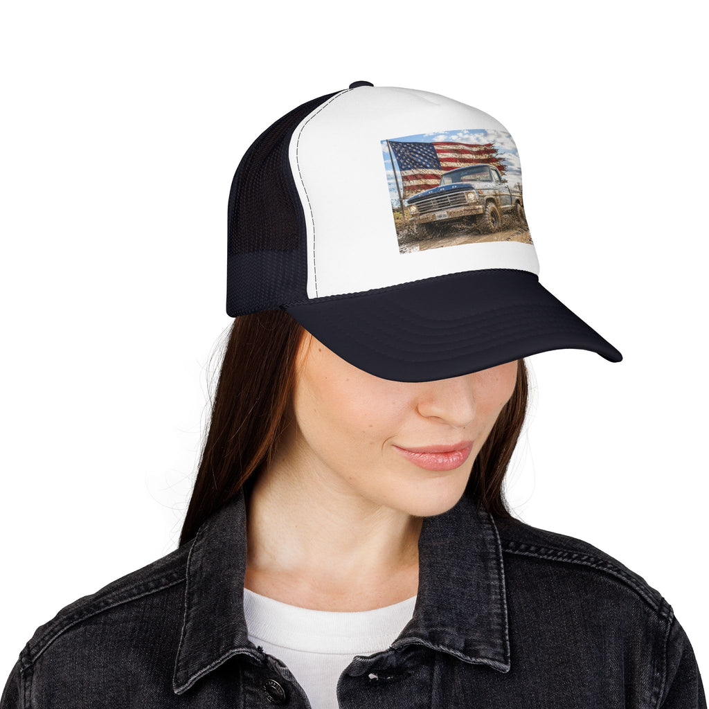 Patriotic Mud Truck Trucker Hat — American Flag Off-Road Foam Cap