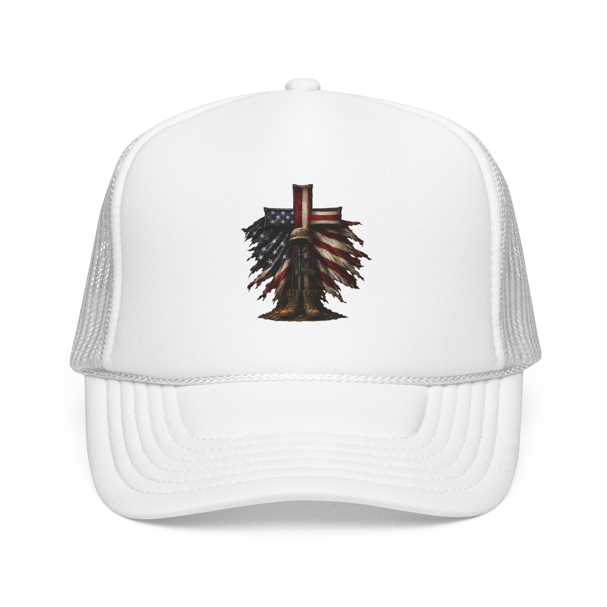 Patriotic Cross Trucker Hat — American Flag Feather Cross Foam Cap