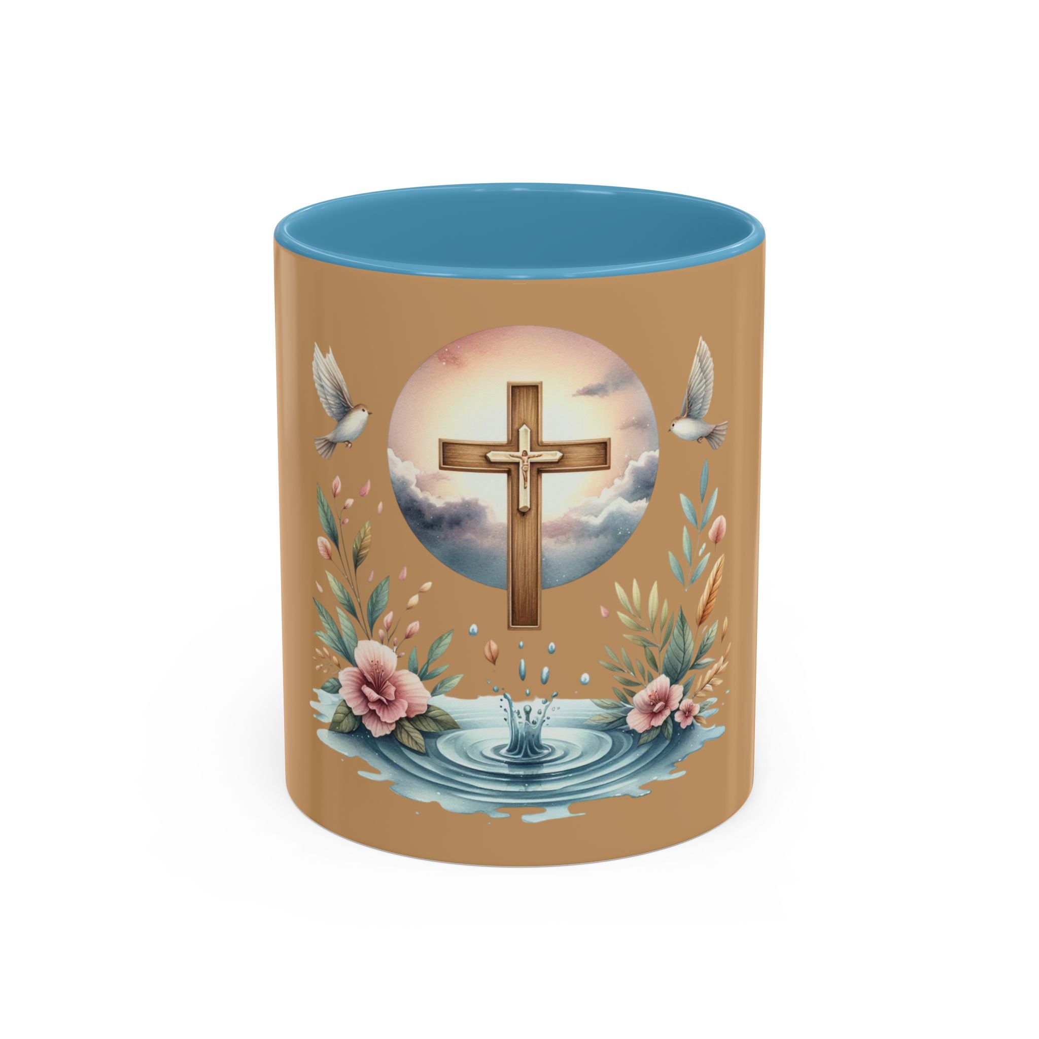 Christian Cross Accent Coffee Mug — Faith, Doves & Floral Baptism Gift (11/15oz)
