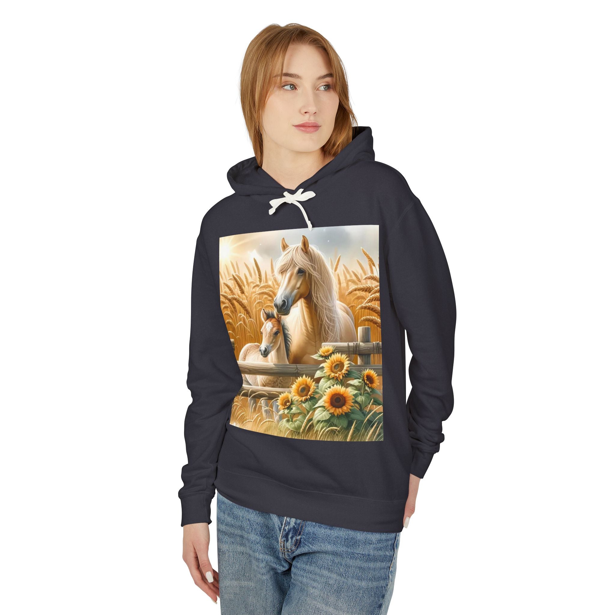 Horse & Foal Sunflower Hoodie — Pastel Farm Animal Sweatshirt