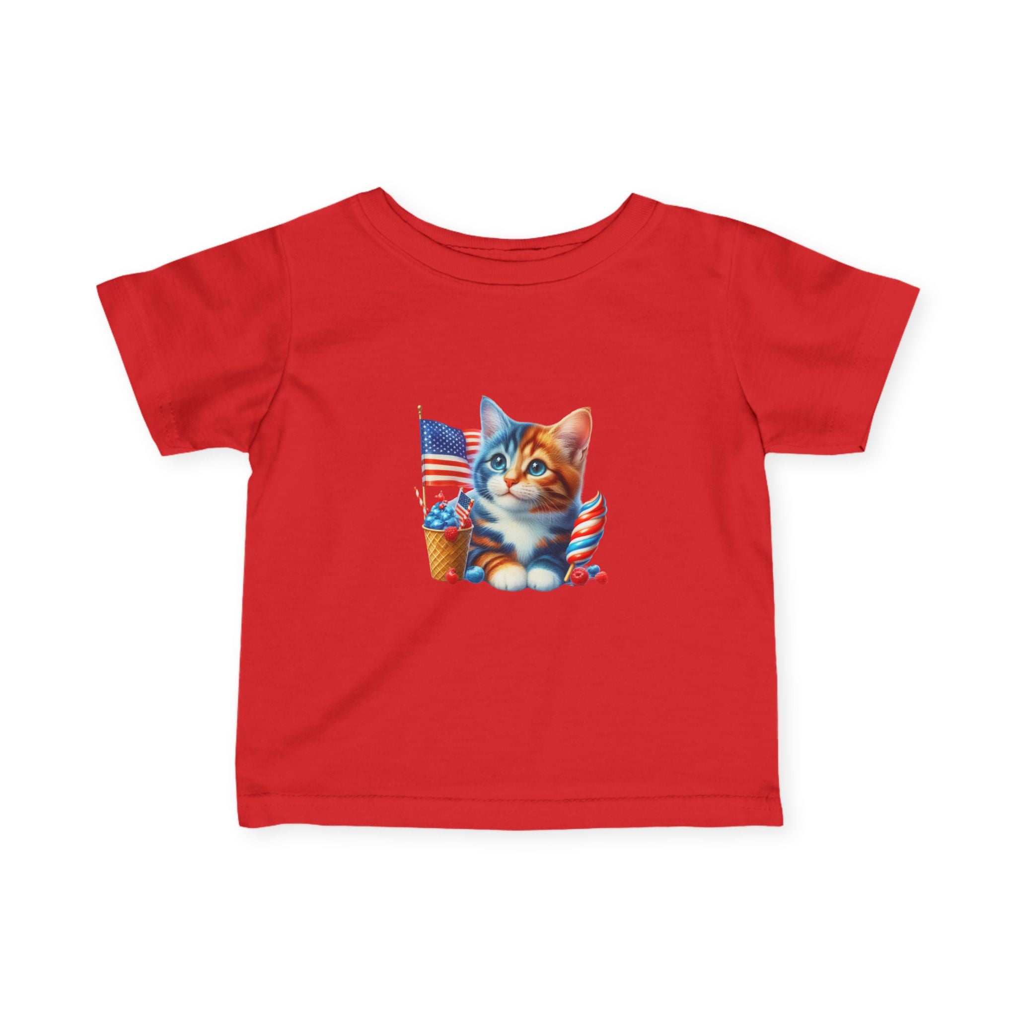 Infant Tee — Patriotic Kitten with Flags & Ice Cream (4th of July Baby Shirt)