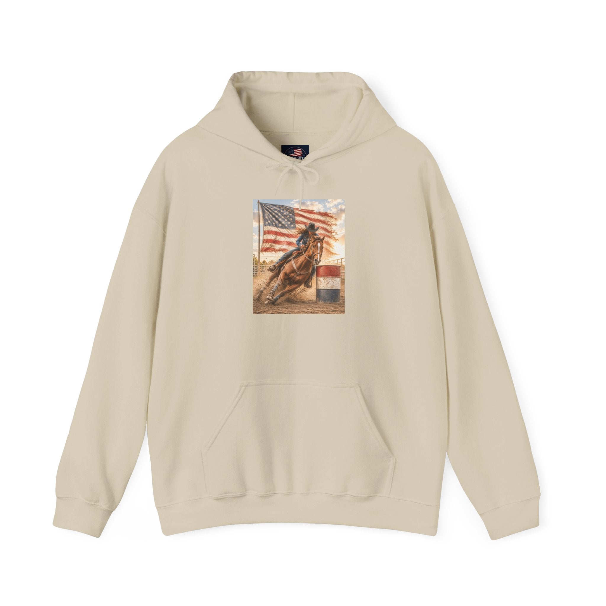 Patriotic Rodeo Horse Hoodie – American Flag Cowboy Pulled by Horse Pullover