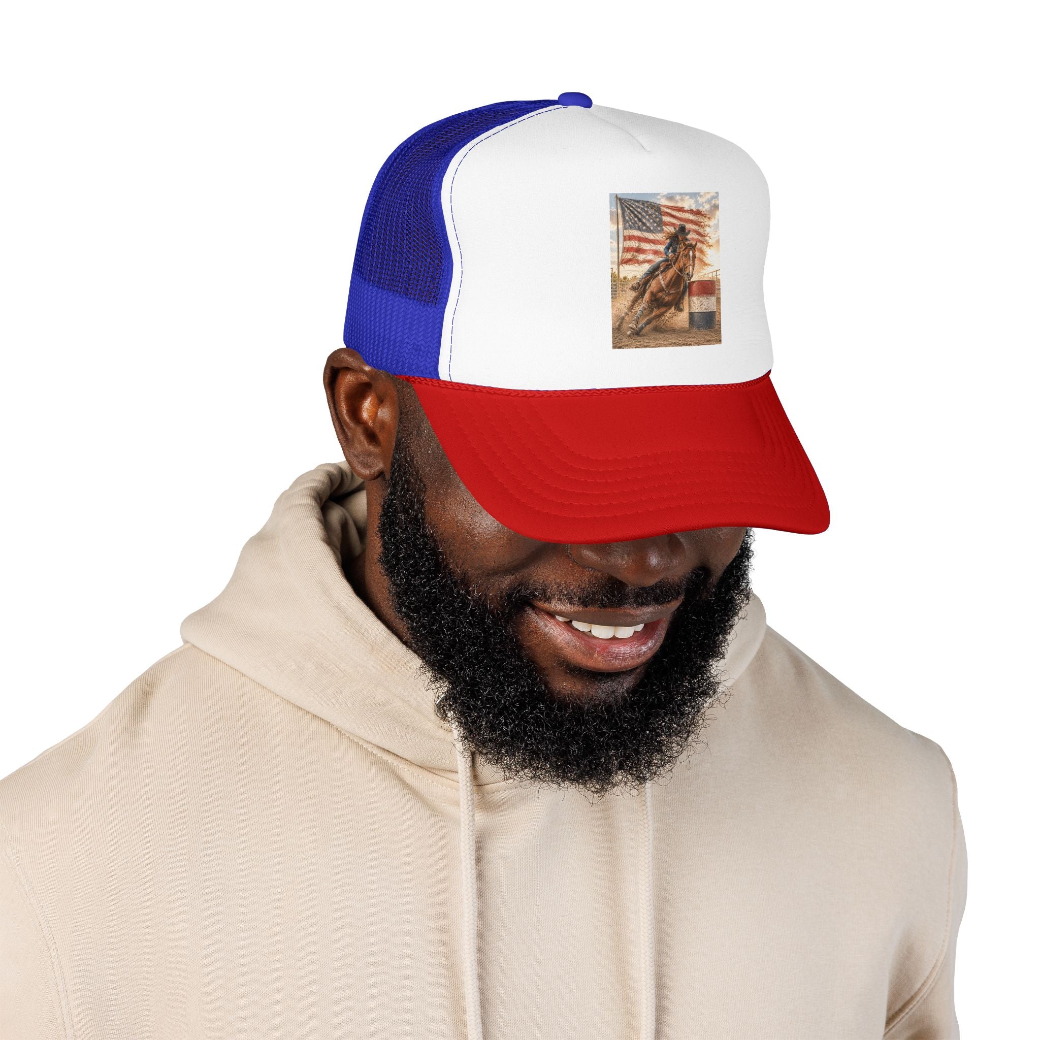 Western Rodeo Trucker Hat — Barrel Racing Horse with American Flag