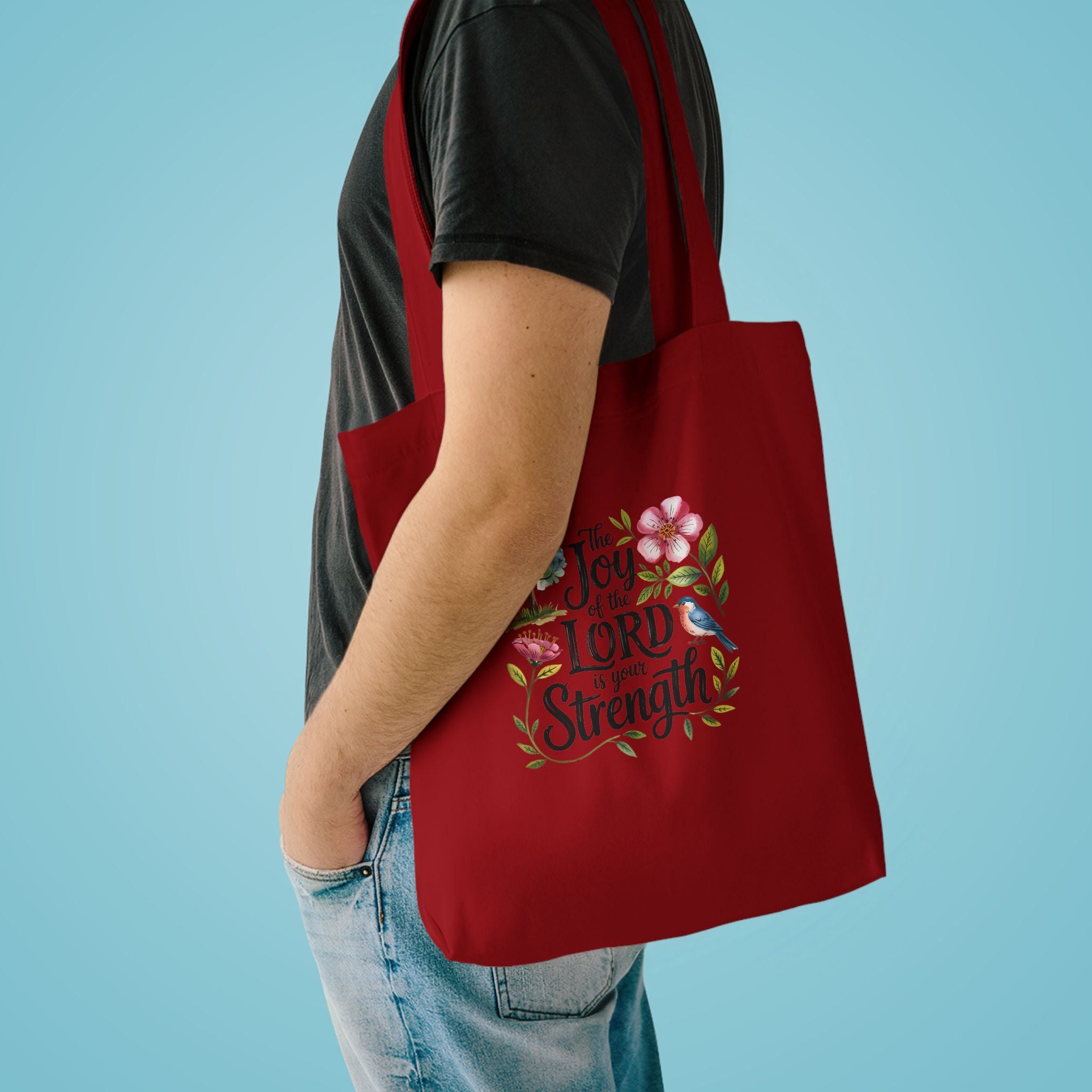 Floral Scripture Tote Bag — "The Joy of the Lord Is Your Strength" Cotton Shopper