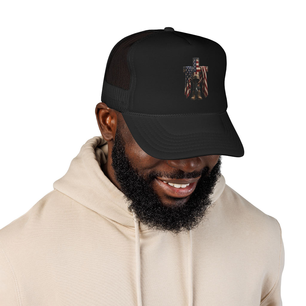 Trucker Hat — American Flag Cross with Soldier Memorial Design