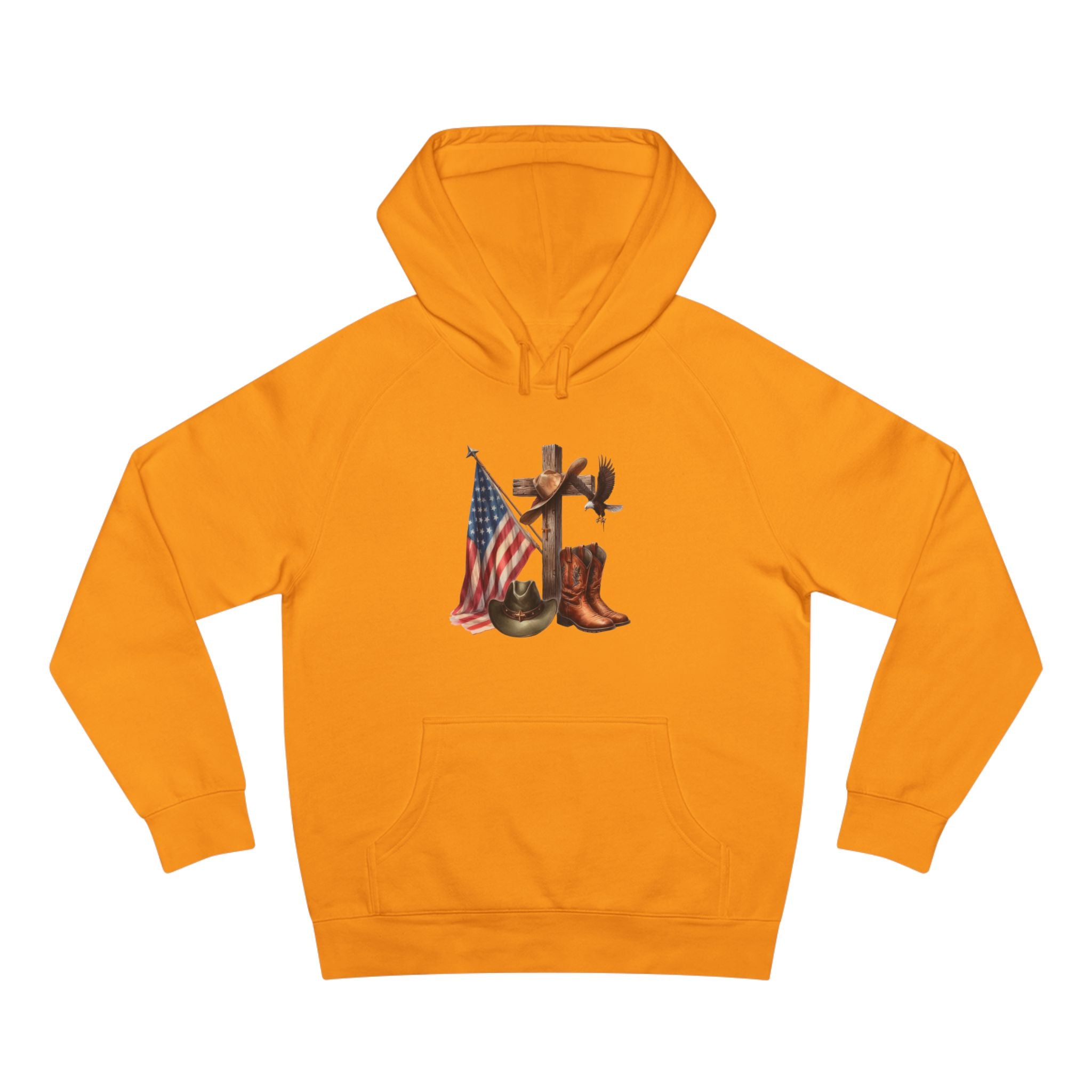 Patriotic Western Hoodie – American Flag, Cowboy Boots & Cross Graphic