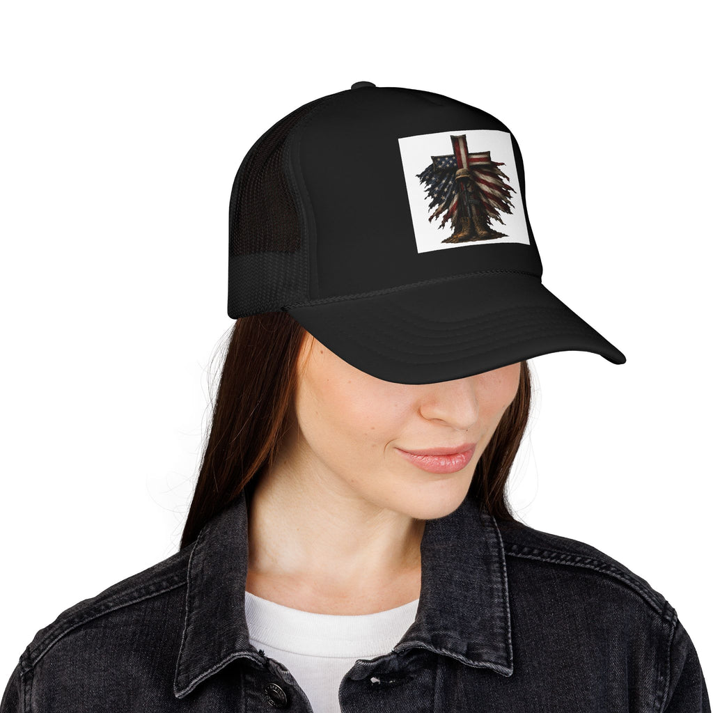 Patriotic Cross Trucker Hat — American Flag Feather Cross Foam Cap