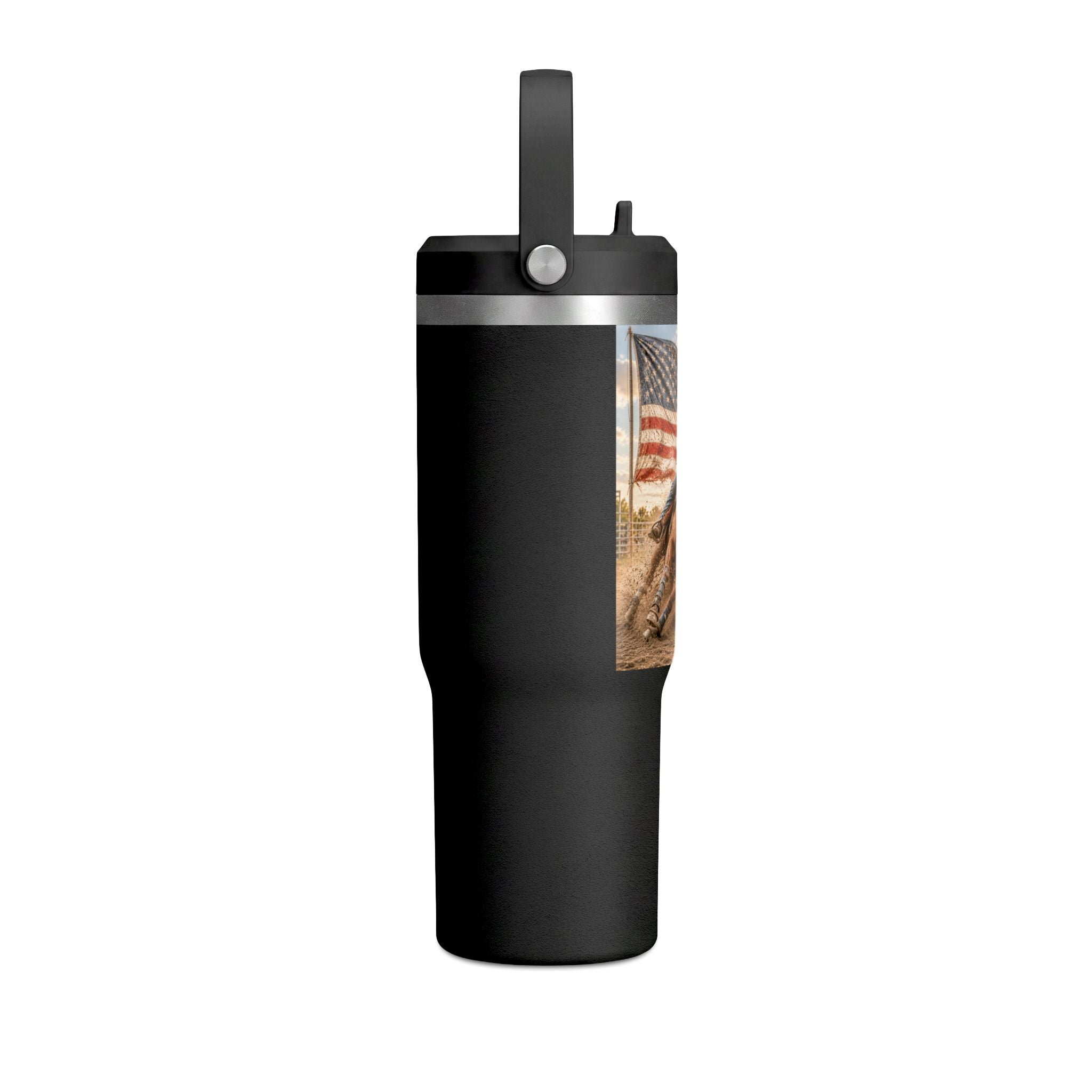 American Rodeo 32oz Tumbler – Horse Barrel Racing with Flag Design
